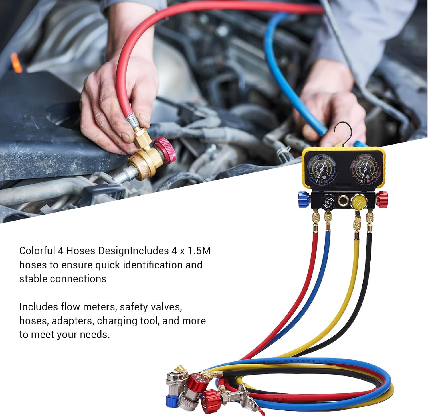 4 Way Heavy Duty Brass Manifold Gauges Set, HVAC Gauges with Hoses 4 Way Heavy Duty Brass Manifold Set Replacement for R410A R32 R134A R22 Refrigerants image number 1