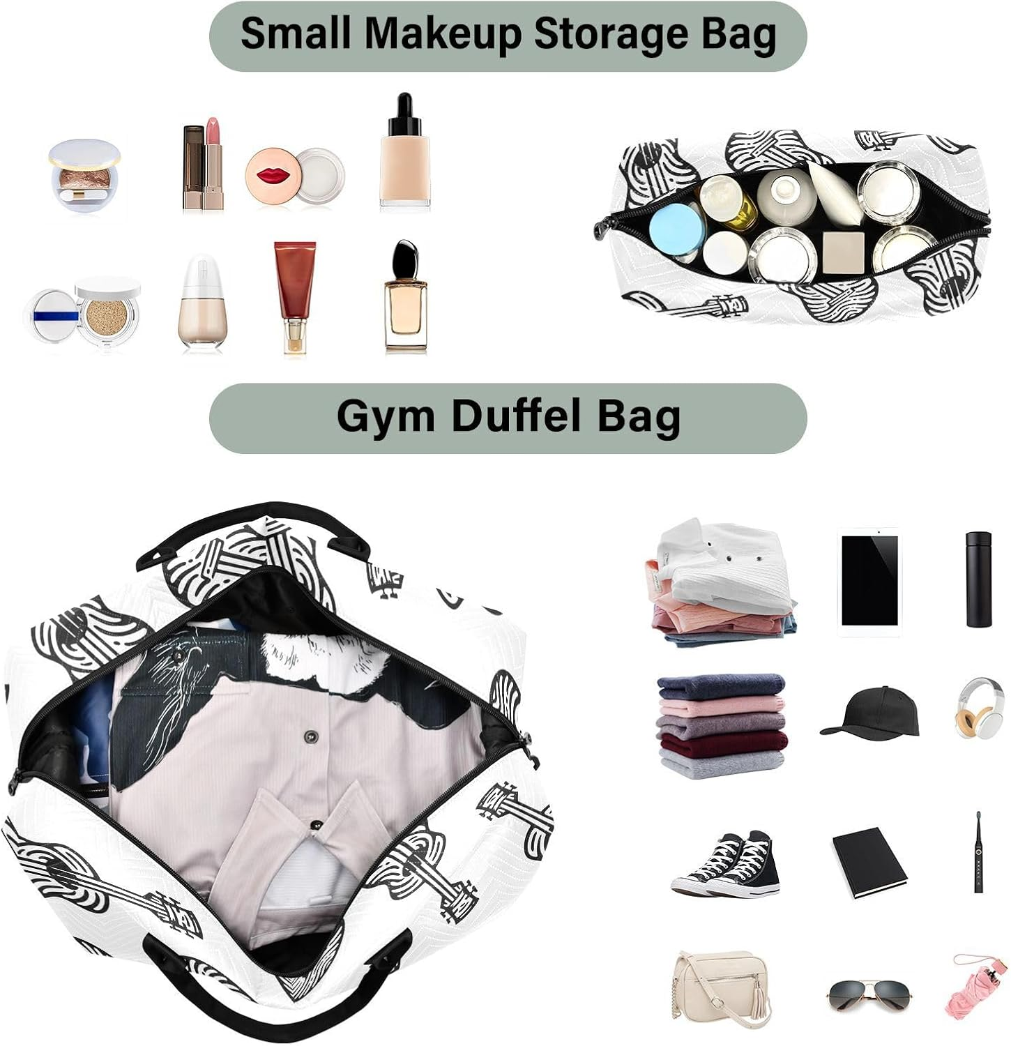 Black and White Guitar Oversized Travel Duffel Bag Travel Weekender Gear Bag Gym Sports Carry with Toiletry Bag for Gym Large Capacity, Black and White Guitar, 1 Size image number 5