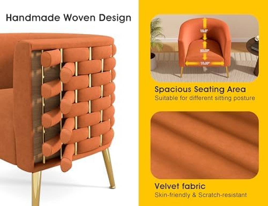Modern Velvet Barrel Accent Chair, Comfy Wide Handmade Woven Bucket Arm Chair, Fluffy Tufted Upholstered Single Sofa Chair for Living Room, Bedroom, Office, Waiting Room(Orange) image number 2
