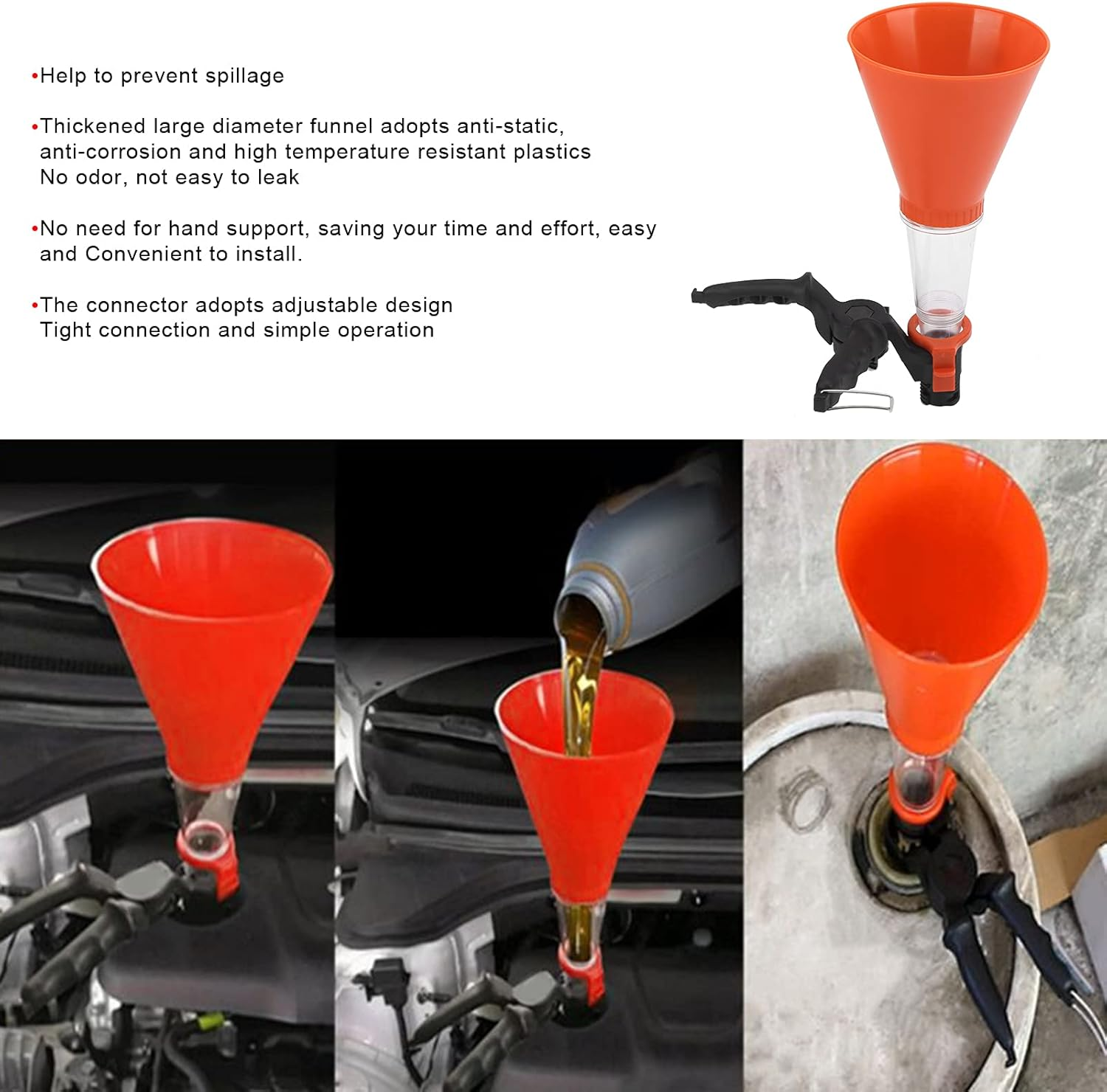 Oil Funnel, 3PCS Engine Oil Funnel Universal Fit for Cars Trucks, Car Oil Filling Funnel Accessory with Adjustable Fixed Holder, Engine Oil Funnel Kit Plastic Funnel Set(#1) image number 6