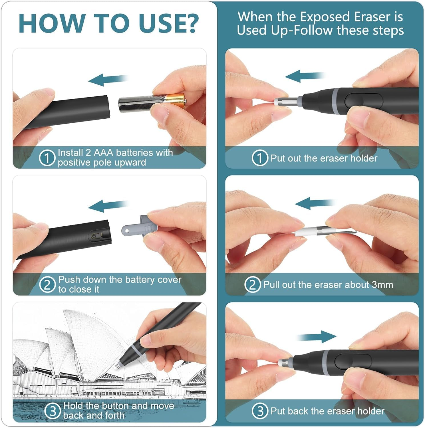 Electric Eraser with 220 Refills (80X5Mm+140X2.3Mm) Battery-Powered Automatic Pencil Eraser Dual-Size Eraser Tips (2.3Mm & 5Mm) for Artists Students Sketching Engineers Includes Cleaning Brush (Black) - Rechargeable-Black image number 2