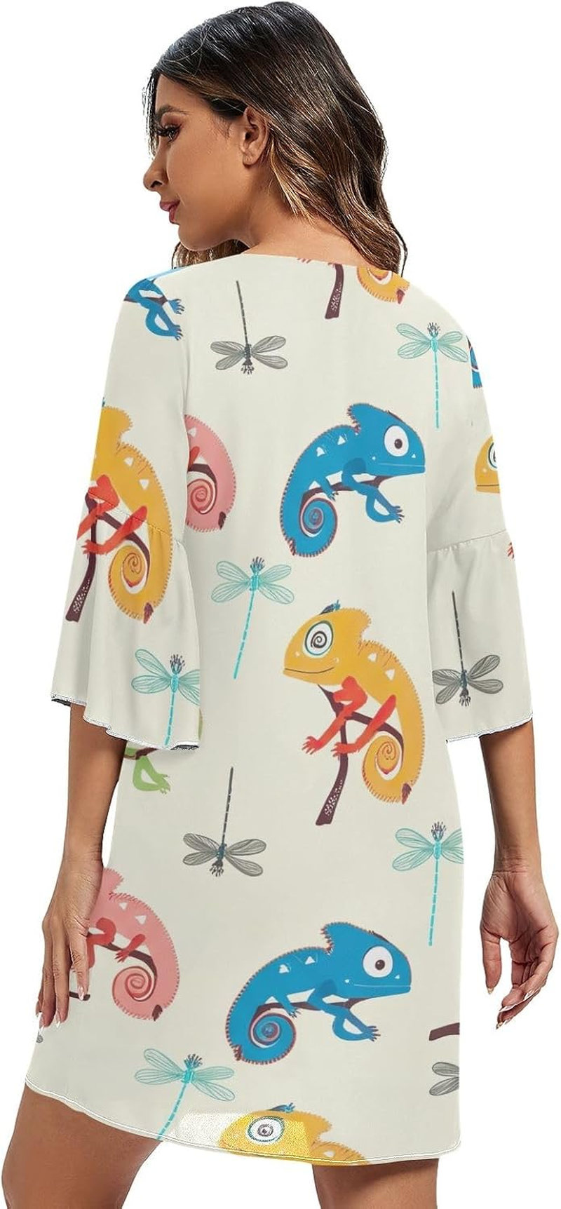 Colorful Chameleons Dragonflies Cream Western a Line Dress Printed Line Maternity Dress S-XXL image number 3