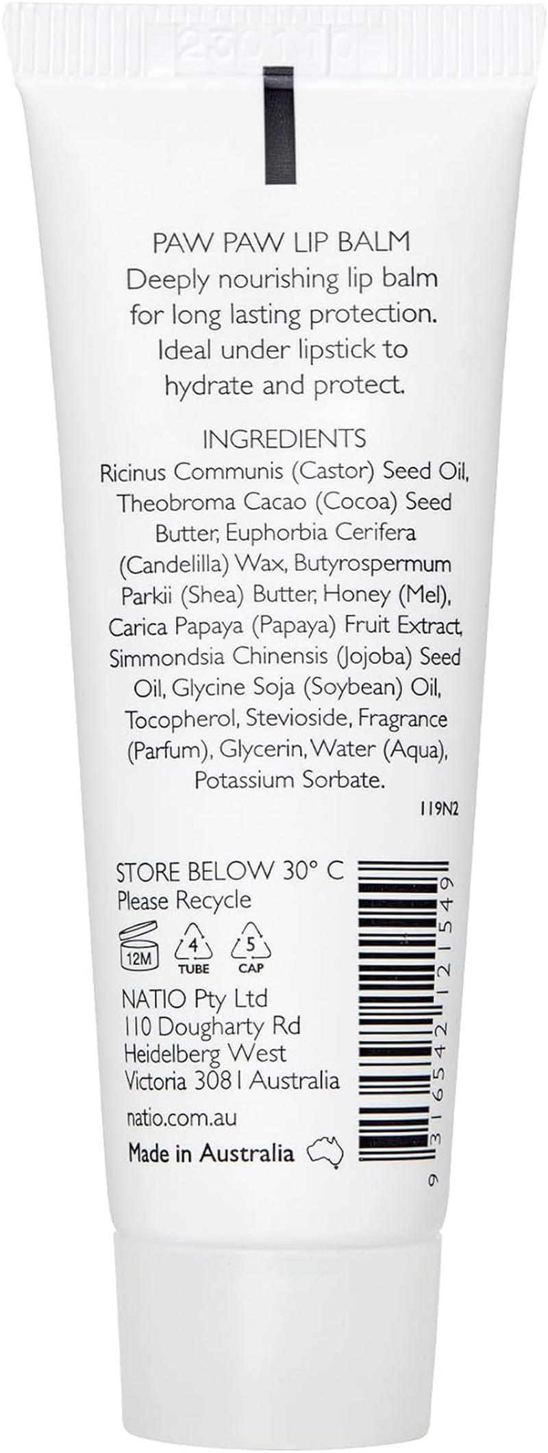 Natio Australia Paw Paw Lip Balm 20Ml - Jojoba Oil, Papaya, Cocoa Butter & Shea Butter - Nourishing Lip Moisturiser for Cracked Lips image number 3