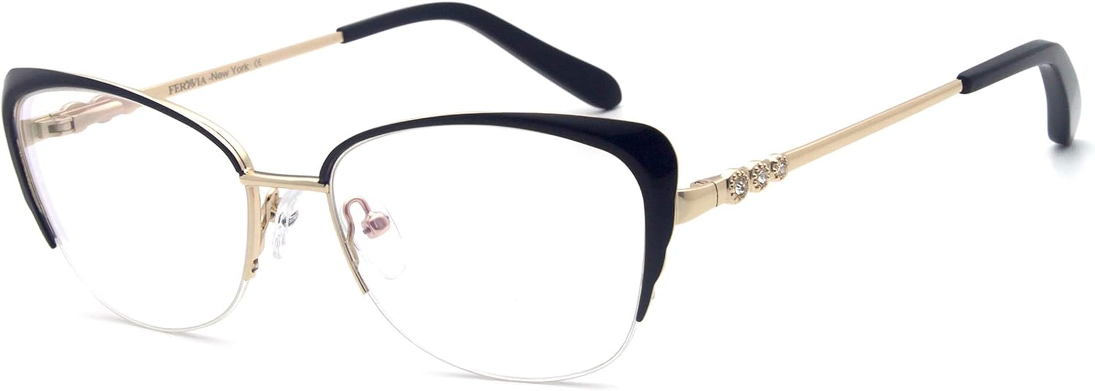 Women Glasses Stylish Half Frame with Rhinestone Cateye Eyeglasses image number 3