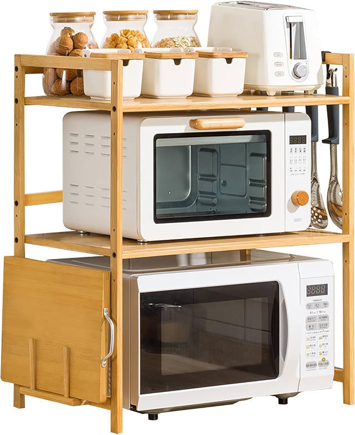 Kapeicamper Microwave Oven Shelf Countertop, Bakers Rack 2 Tier Bamboo Microwave Stand, Utensils Tableware Storage Kitchen Counter Rack, Multipurpose Kitchen Storage Rack Cart image number 5