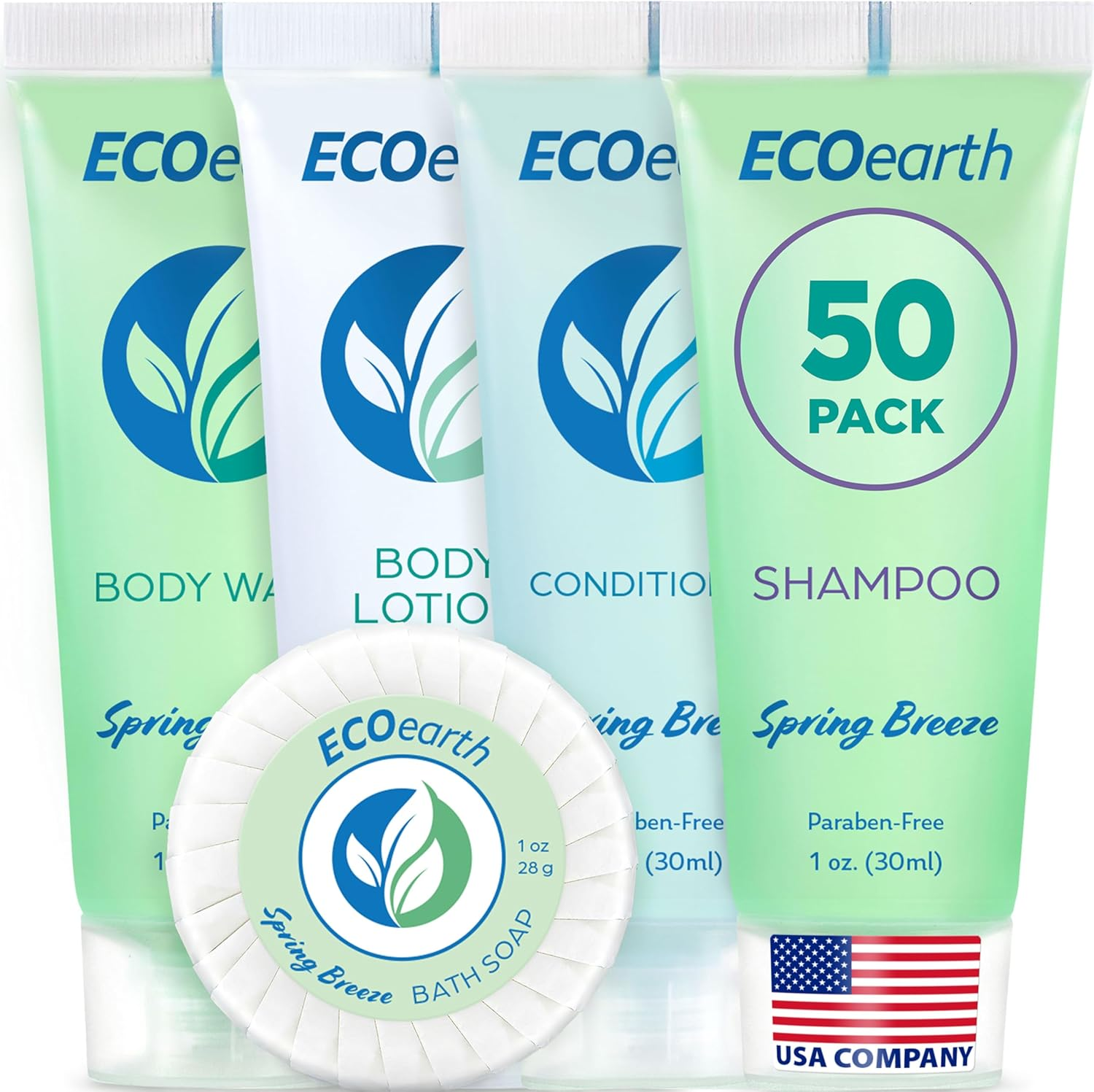 Ecoearth Hotel Toiletries Bundle (Spring Breeze, 1 Oz Each, 125 Pieces) 5-Piece Set: 25 Each round Bar Soap, Shampoo, Conditioner, Body Lotion & Body Wash - Bulk Mini Guest Amenities image number 2