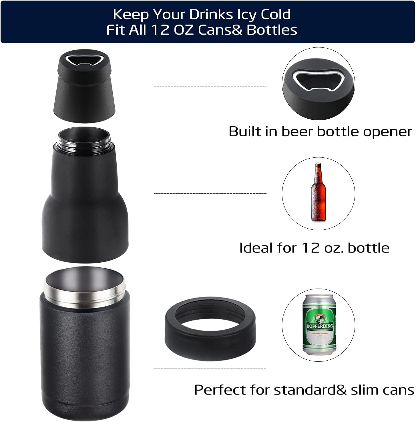 Stepstall Beer Gifts for Men, Beer Bottle and Can Cooler with Beer Opener, 12 Oz. Slim Can Beer Bottle Insulators Holder, Vacuum Insulated Double Walled Stainless Steel(Matte Black) image number 4