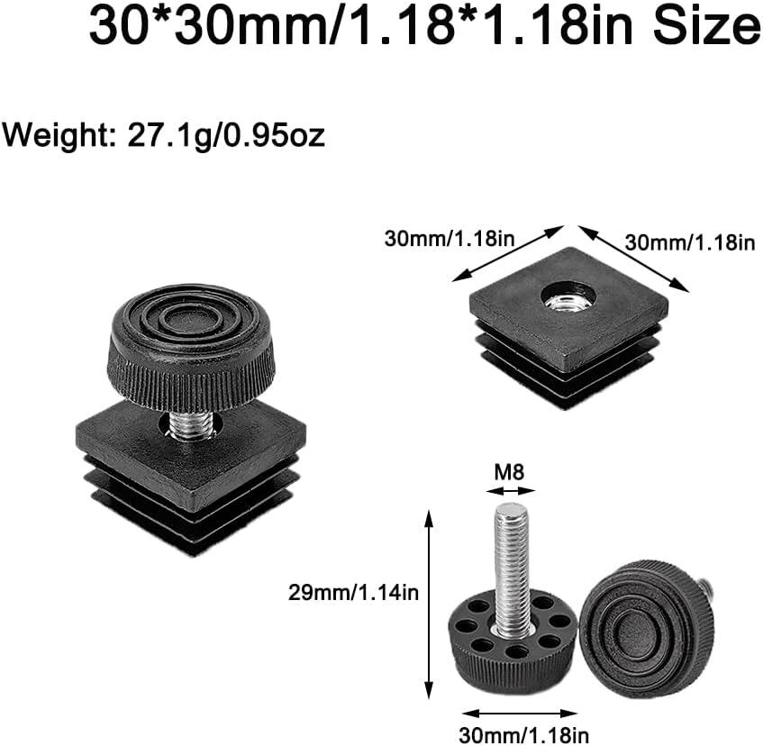 4-Pack Furniture Leveler Chair Leg Leveling Feet Square Tube Insert Kits 30 X 30Mm M8 Threaded Furniture Feet End Caps, Black image number 6