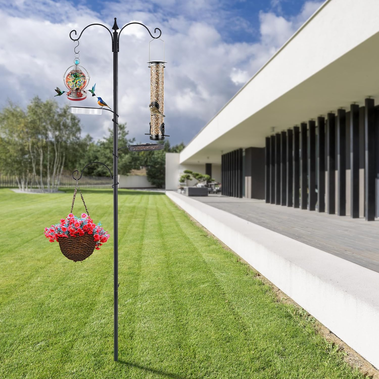 Bird Feeding Station Kit - 77" Bird Feeder Pole with 5 Prong Base, Wild Bird Feeder Stand for Outdoors Hanging Bird Feeders - Black image number 3