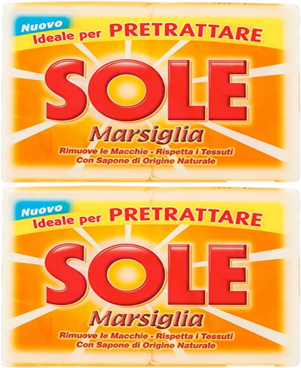 Sole:"Sole Marsiglia" Marseille Laundry Soap for Pre-Treating 8.8 Ounce (250Gr) Soaps (Pack of 4) [ Italian Import ] image number 1