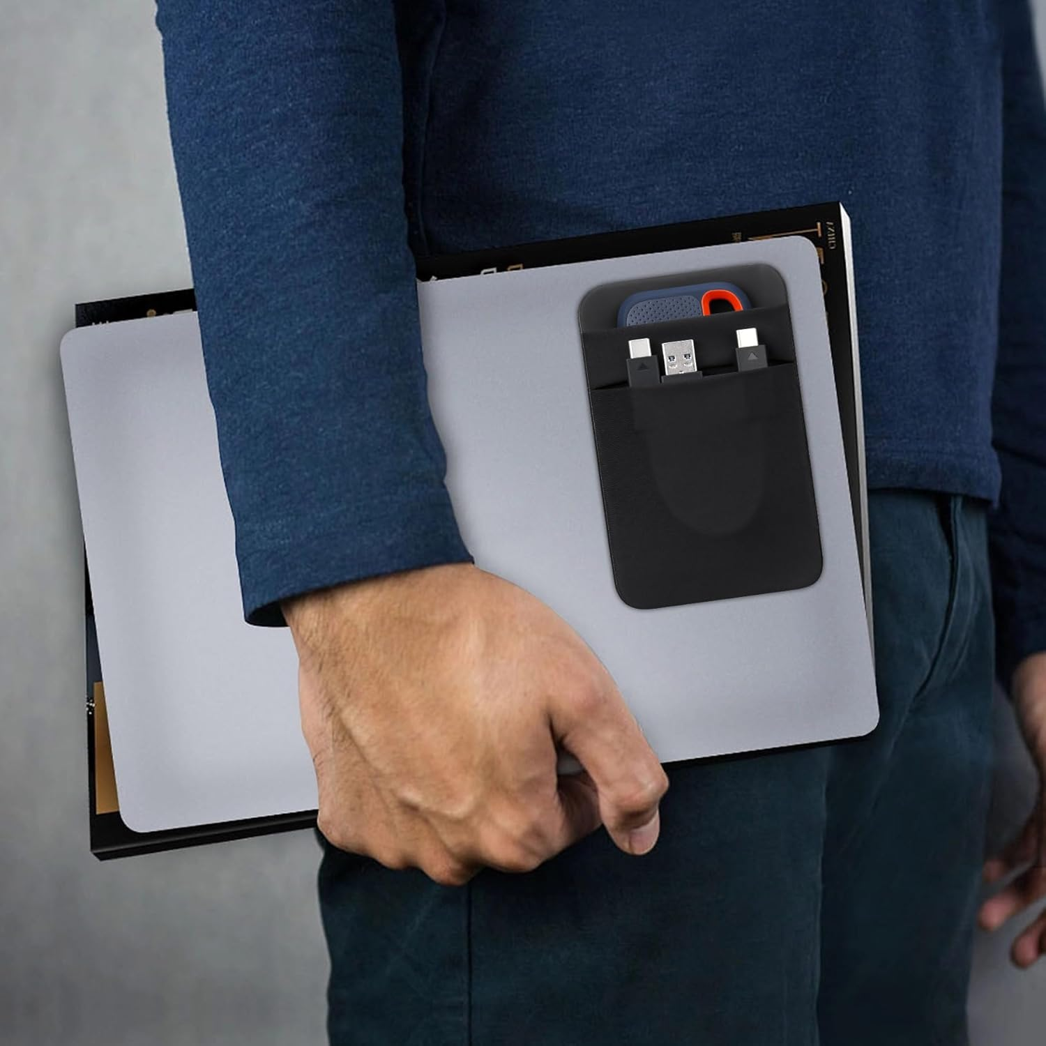 Lacdo Portable Hard Drive Sleeve for Laptop, 2-Pocket Stick on Pouch with Reusable Adhesive, for San Disk, Samsung, Crucial, Portable External Solid State Drive SSD Hard Drive Carrying Case, Black image number 3