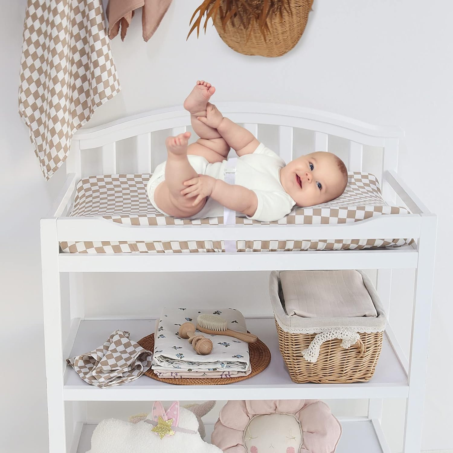 Lifetree Muslin Changing Pad Cover for Baby Girls Boys, 70% Viscose from Bamboo and 30% Cotton, 16"X32" Diaper Change Table Pad Covers, Soft Changing Pad Sheets, Smallcheckered Pattern image number 3