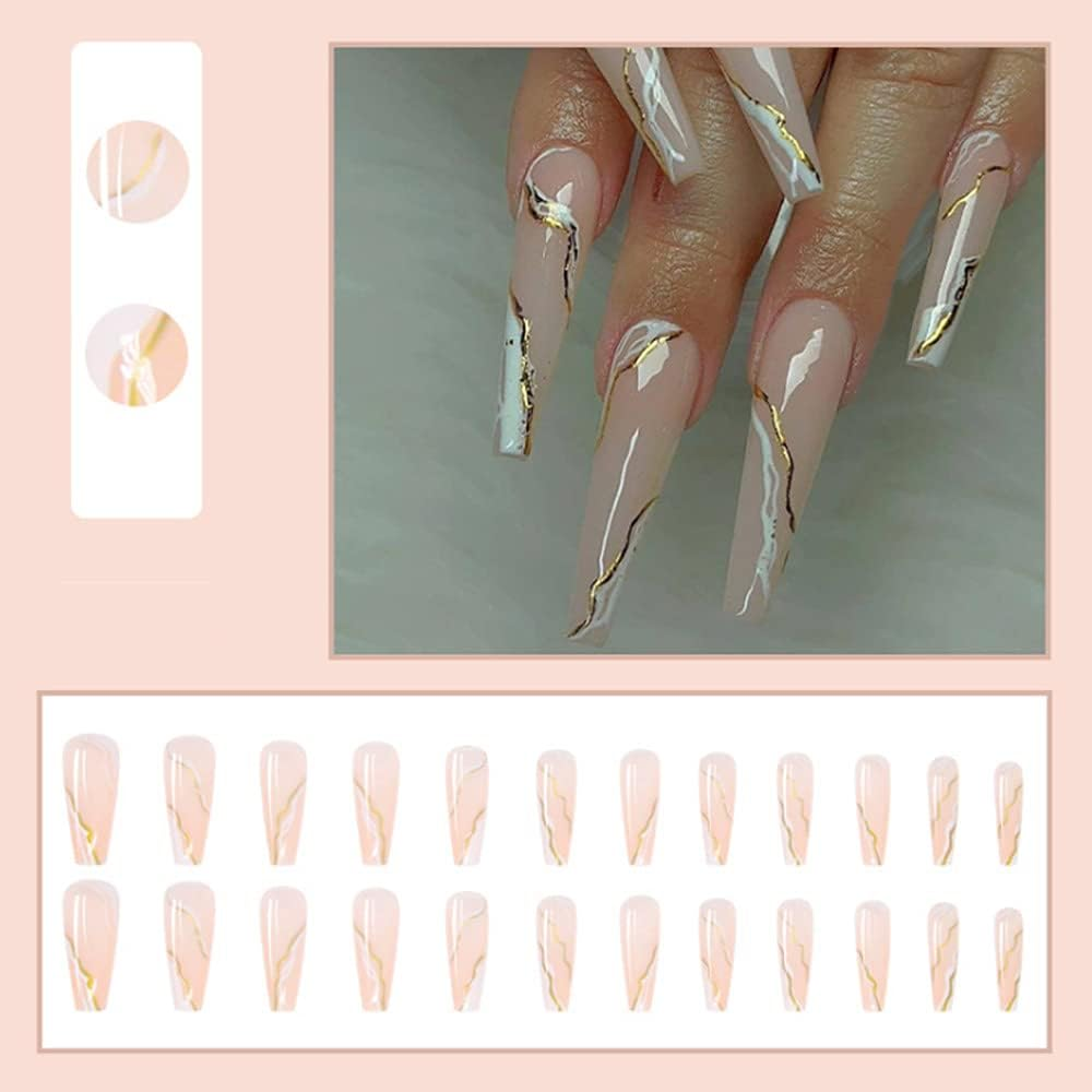 Yoyoee Press on Nails Long Coffin False Nails with Designs Swirl Full Cover Fake Nails Tips for Women and Girls 24Pcs image number 6