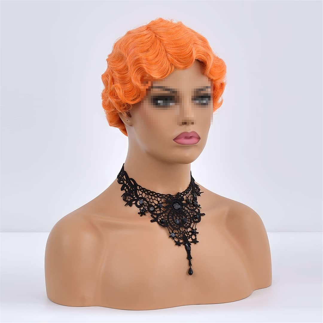 Orange Short Finger Wave Wig Vintage Synthetic Wigs for Black Women 6Inch Retro Curly Cosplay Halloween Party Hair TB107-2 image number 2