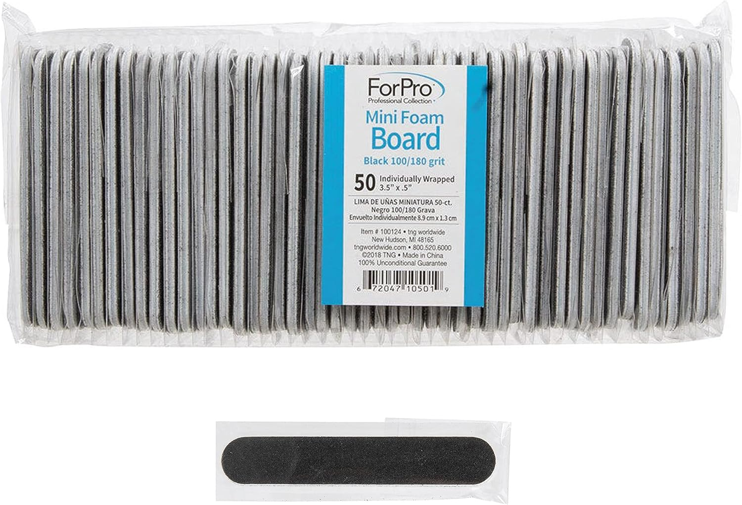 Forpro Mini Foam Board, Black, 100/180 Grit, Double-Sided Manicure Nail File, Individually-Wrapped, 3.5&rdquo; L X .5&rdquo; W, 50-Count