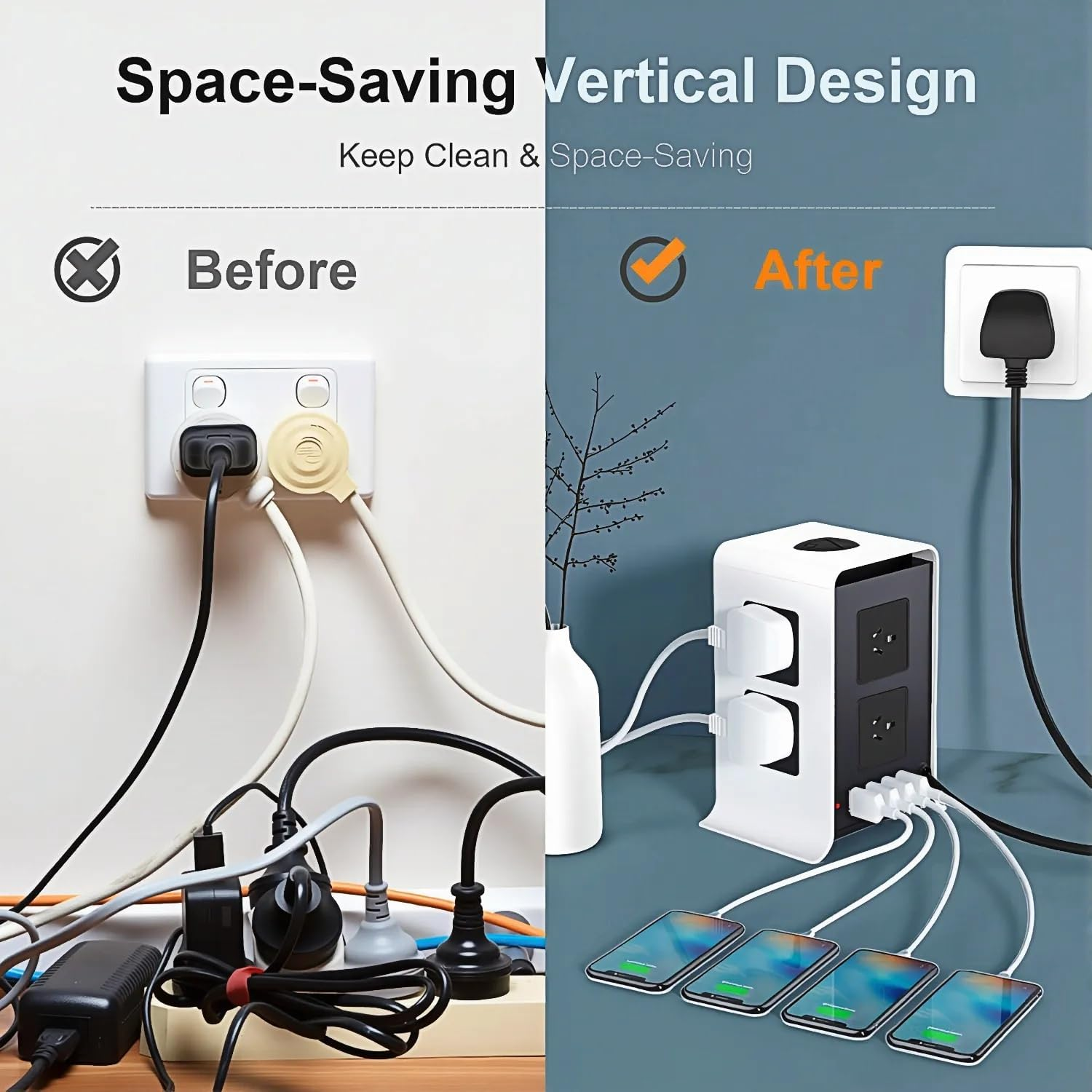 Tower Power Board, Power Strip with 8 AC Outlets and 4 USB Ports(1 USB C), 1050J Surge Protected, 2400W Multiplug Charging Station, 2 M Extension Cord for Home, Office, School image number 5