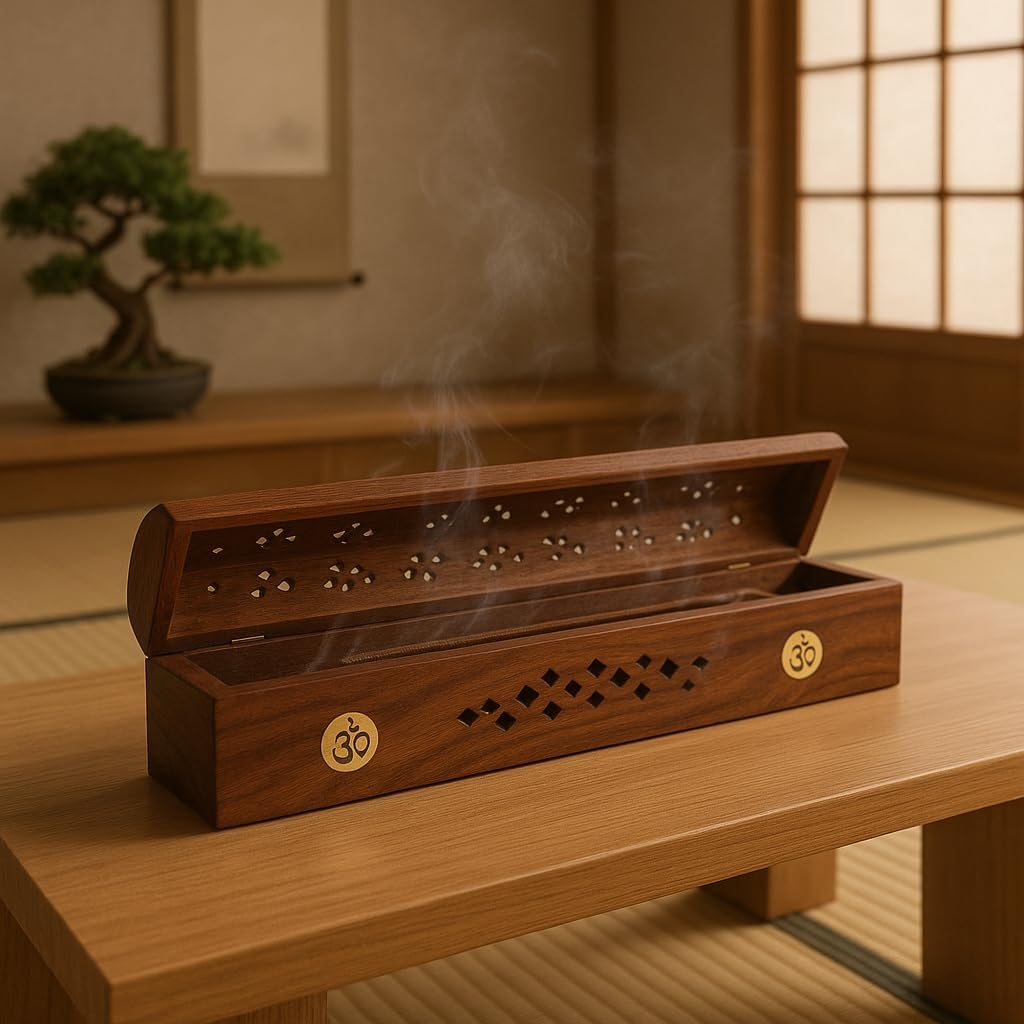 Wooden Box, Agarbatti Holder Wooden Hand Carved Incense Burner, Incense Holder, Brass Inlays & Storage Incense Holder Stand, Incense Stick Stand Handmade (12X2.5X3 Inch) Om image number 3