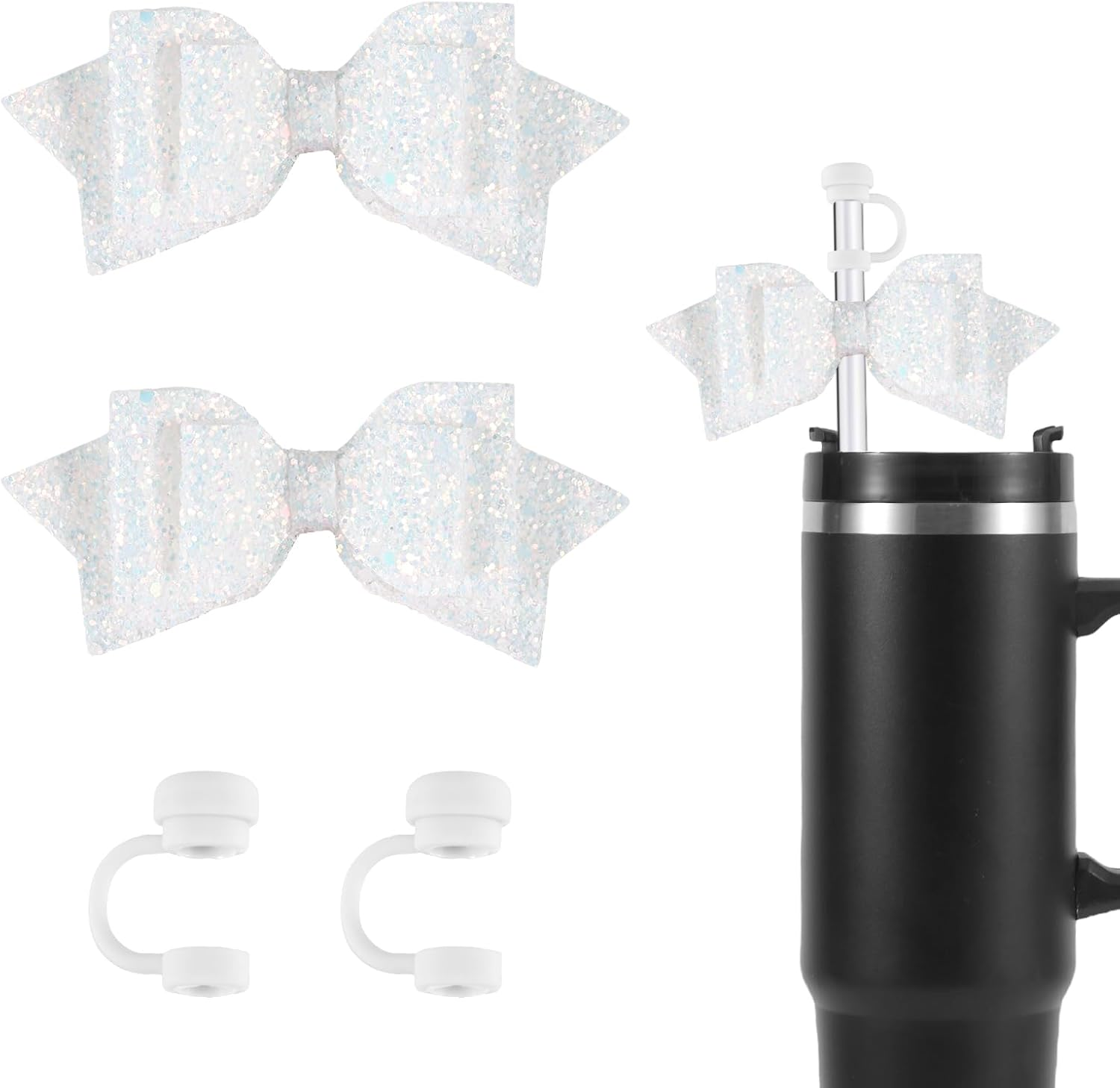 2Pcs Bow Charms & 2Pcs Straw Toppers, Cute Straw Lid Cover Caps Decorations Decor Accessories for Stanley Cup (Purple)