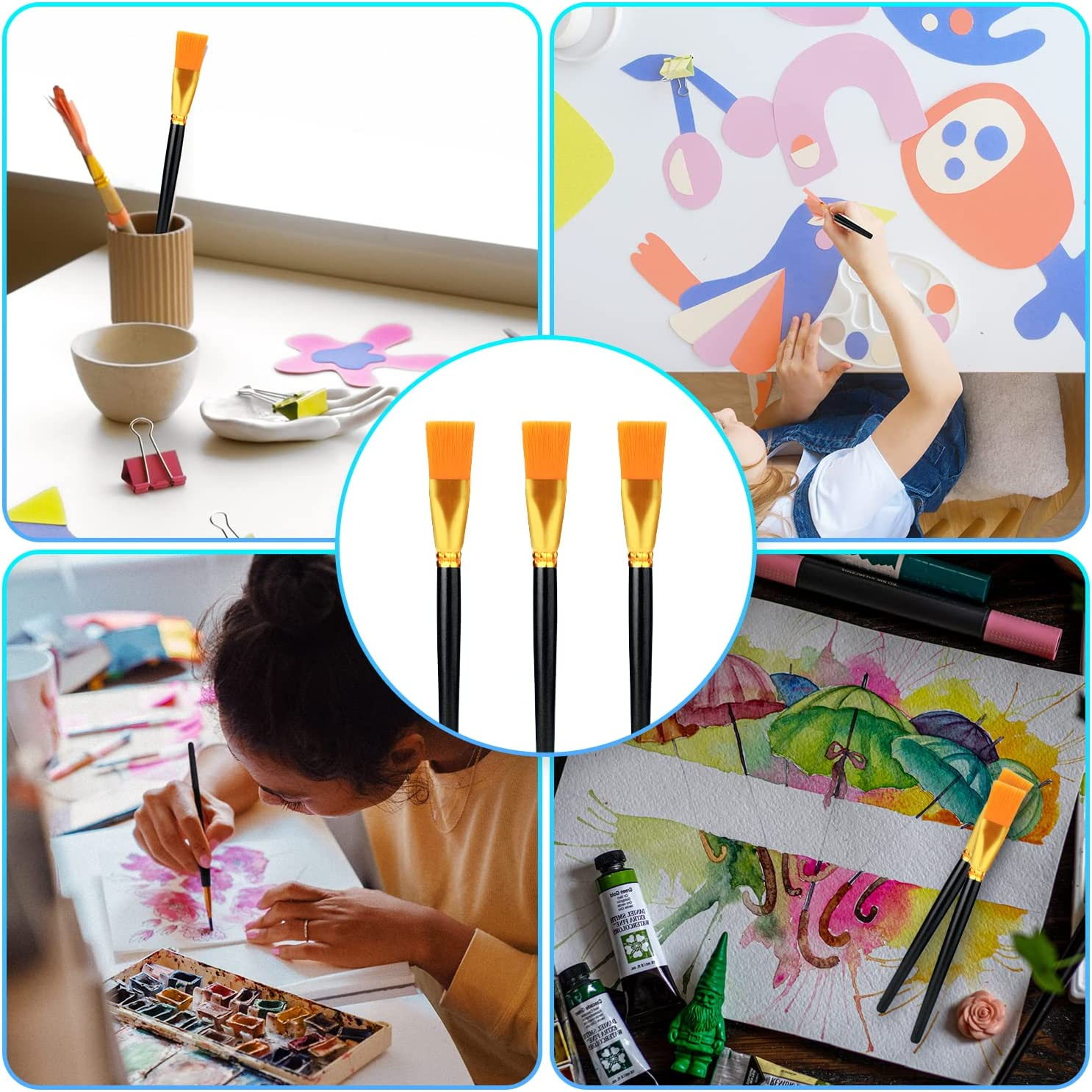 10Pcs Flat Paint Brushes 1 Inch Wide, Watercolor Acrylic Paint Brush Bulk Synthetic Nylon Oil Painting Brushes for Artists Professional Amateurs Gouache & Acrylic Painting (Bright Black) image number 5