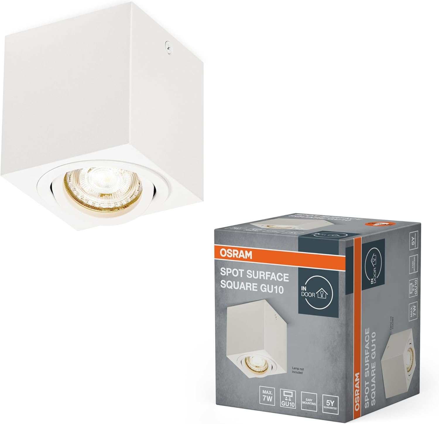 OSRAM Spot Surface Square Ceiling Spotlight, White, with GU10 Socket, Can Be Fitted with Simple or Smart Lamp, Flexible Beam Angle, Protection Class IP20, High-Quality Housing