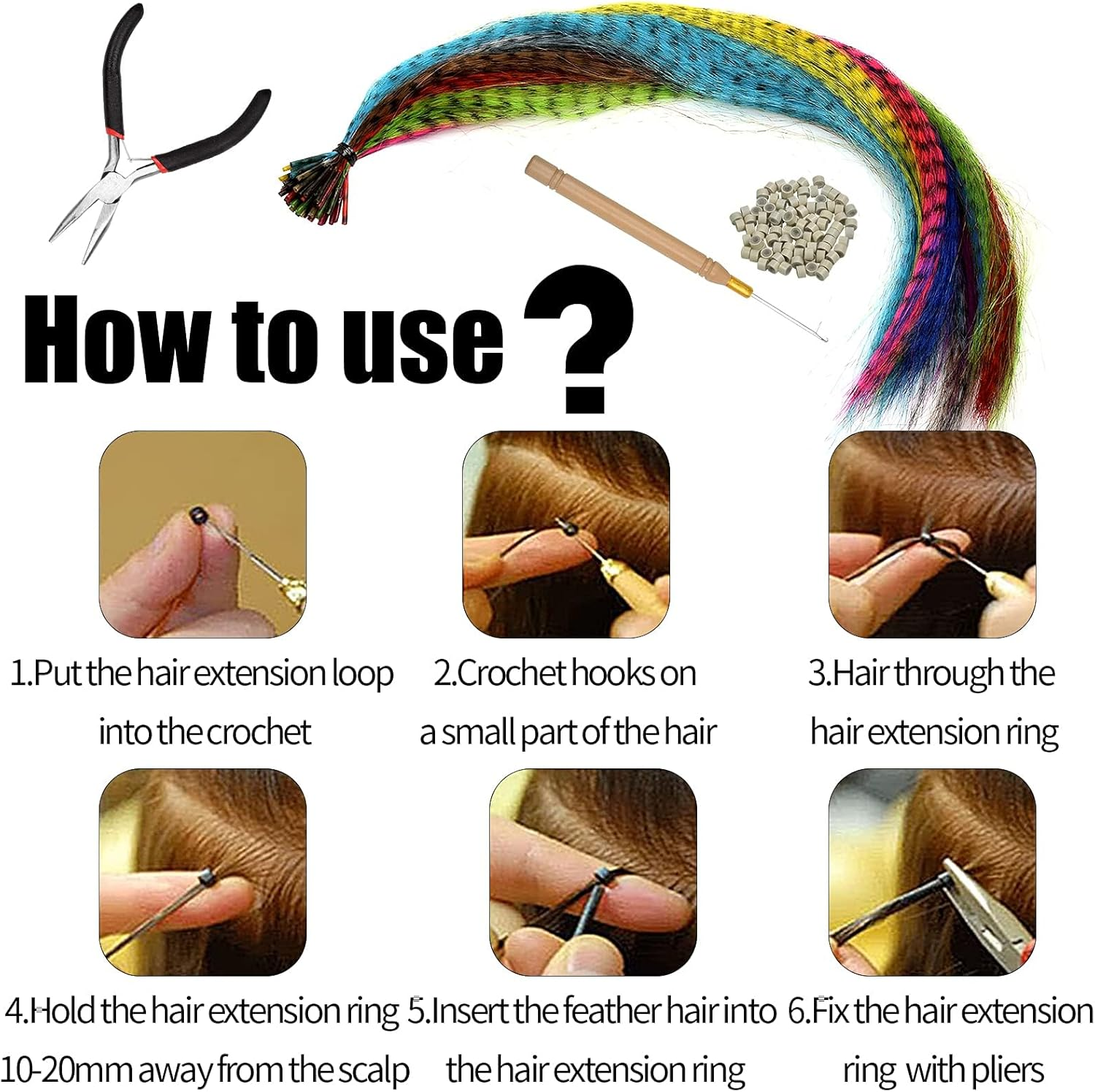50 Pieces Feather Hair Extension Set, Synthetic Hair Strands, Coloured Hair Extensions, Clip Feather Extensions, Highlights, Colourful Straight Hairpiece with 100 Silicone Rings, Pliers and Hooks image number 1