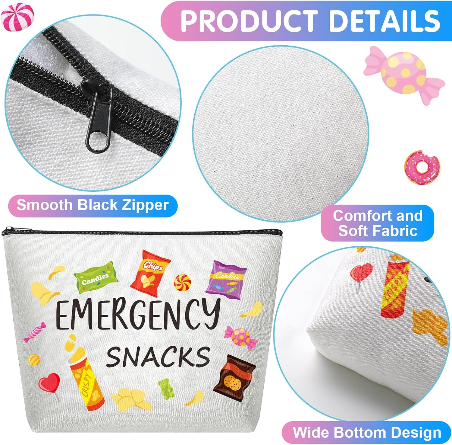12 Pcs Emergency Snack Bags Bulk Food Makeup Bag Foodie Zipper Cosmetic Pouch Reusable Emergency Snack Pouch for Women Girls Trip Gifts Favors School Work Travel Organizer