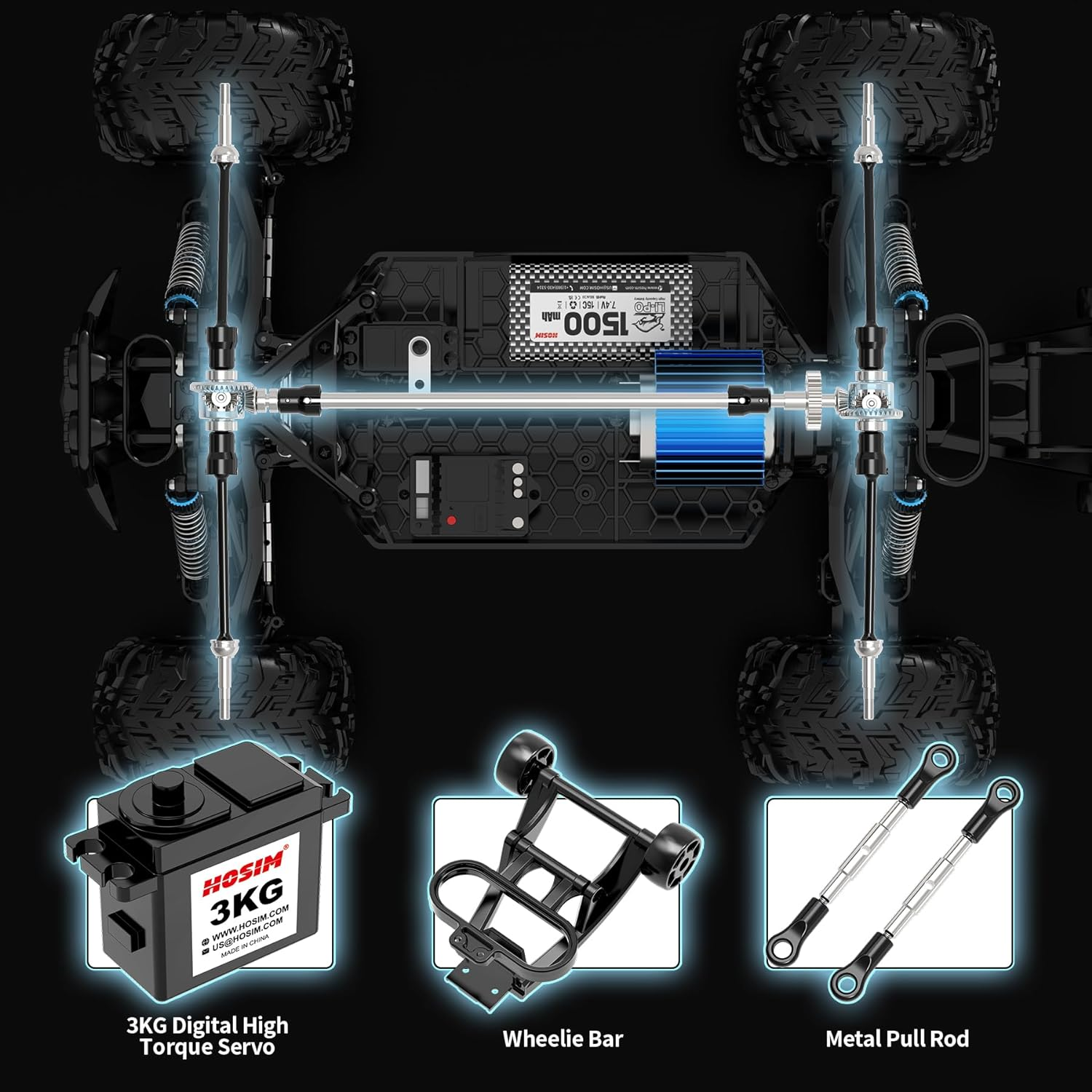 Hosim RC Cars, 1:10 Scale 48+ KMH Remote Control Car for Adults Boys, 4X4 Off-Road RC Truck with Headlights, All Terrains Waterproof Hobby Grade Large Fast Racing Toy Gift Monster Trucks image number 4