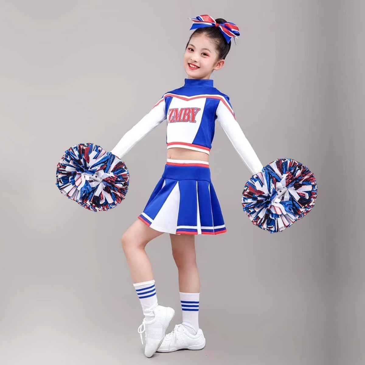 AIMALL 4 PCS Professional Cheerleading Pom Poms,4-Inch Handheld Flower Ball for Children and Adults, Competition Performance Cheer Accessories, Red, White, and Blue image number 2