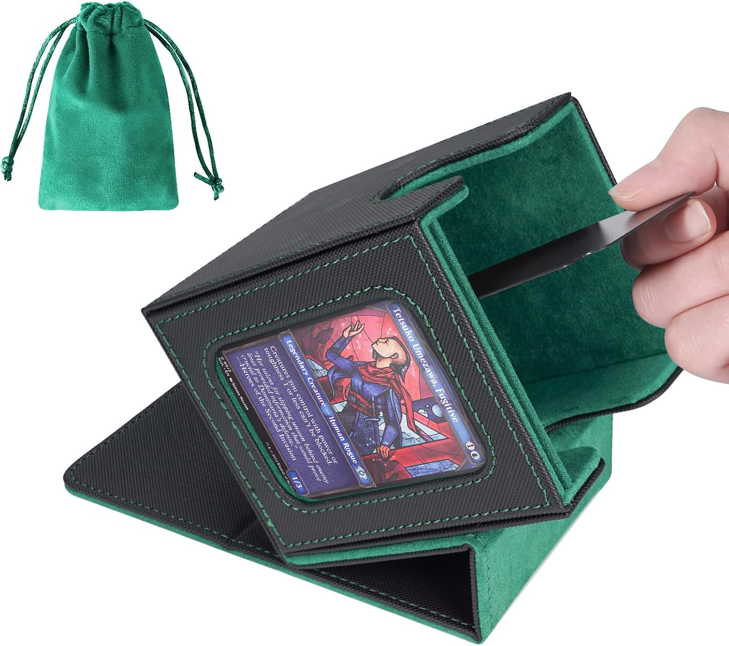AFIING MTG Deck Box for Commander Display,Card Deck Box Fits 100 Double Sleeved Cards, Magic Commander TCG Card Storage Box with 2 Dividers,Drawstring Bag and 1 Toploader(Green/Grey)
