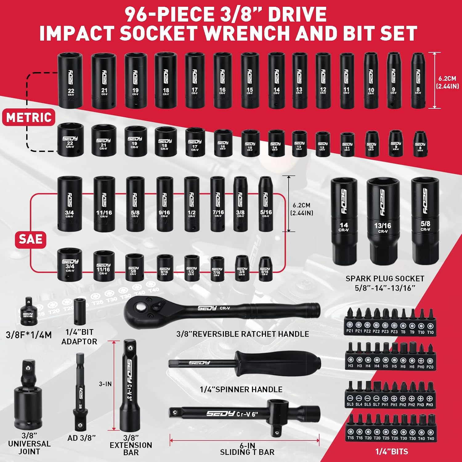 SEDY 96-Piece 3/8" Drive Impact Socket Wrench and Bit Set &ndash; Metric & SAE, CR-V Steel, Spark Plug Sockets, Ratchet & Spinner Handle, Storage Case image number 5