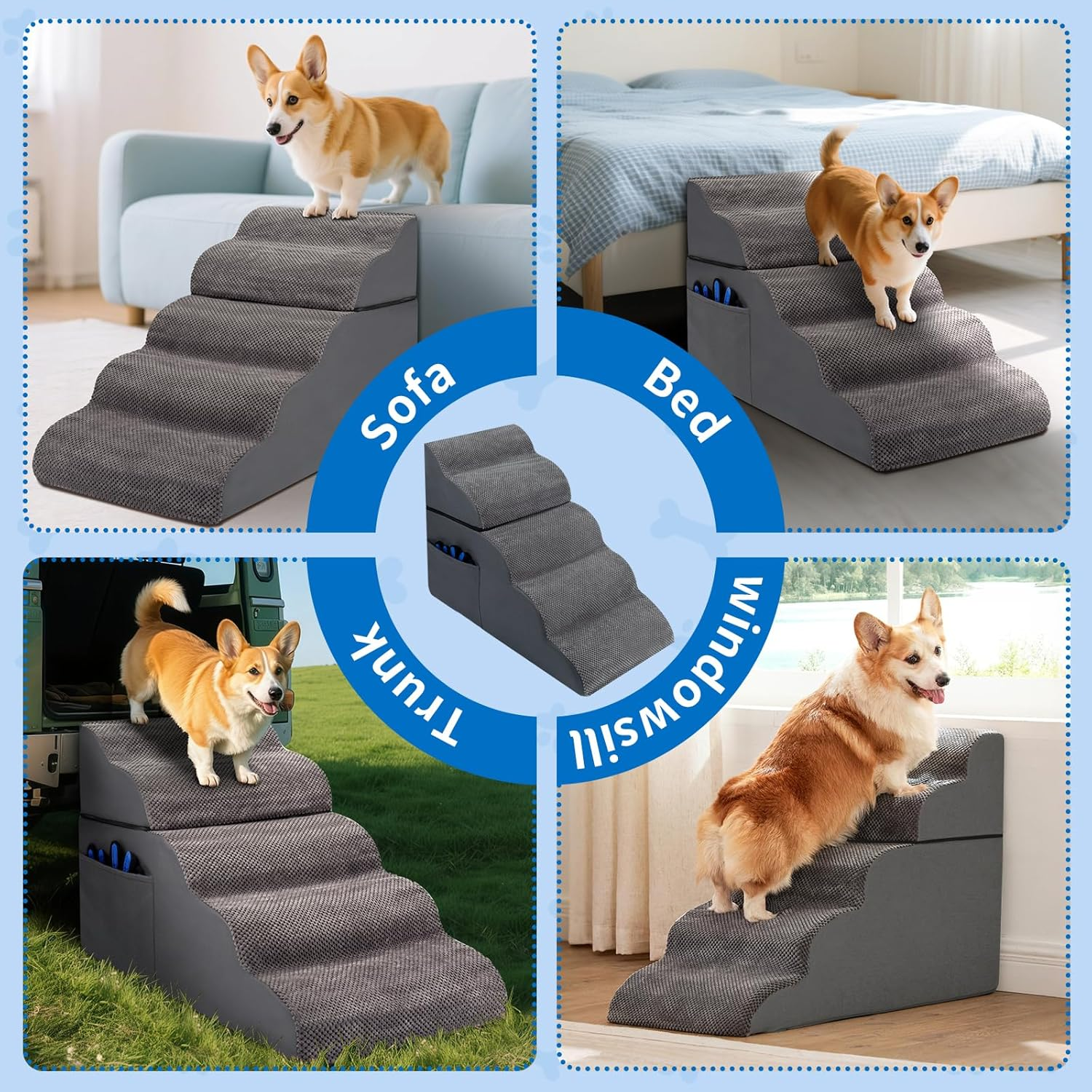 Dog Stairs Ramp Pet Steps 24/35/59Cm Adjustable Height Extra Wide Dog Ramp with Portable Handle Removable Washable Cover Non-Slip Bottom for Small Elderly Short-Legged or Injured Dogs and Cats