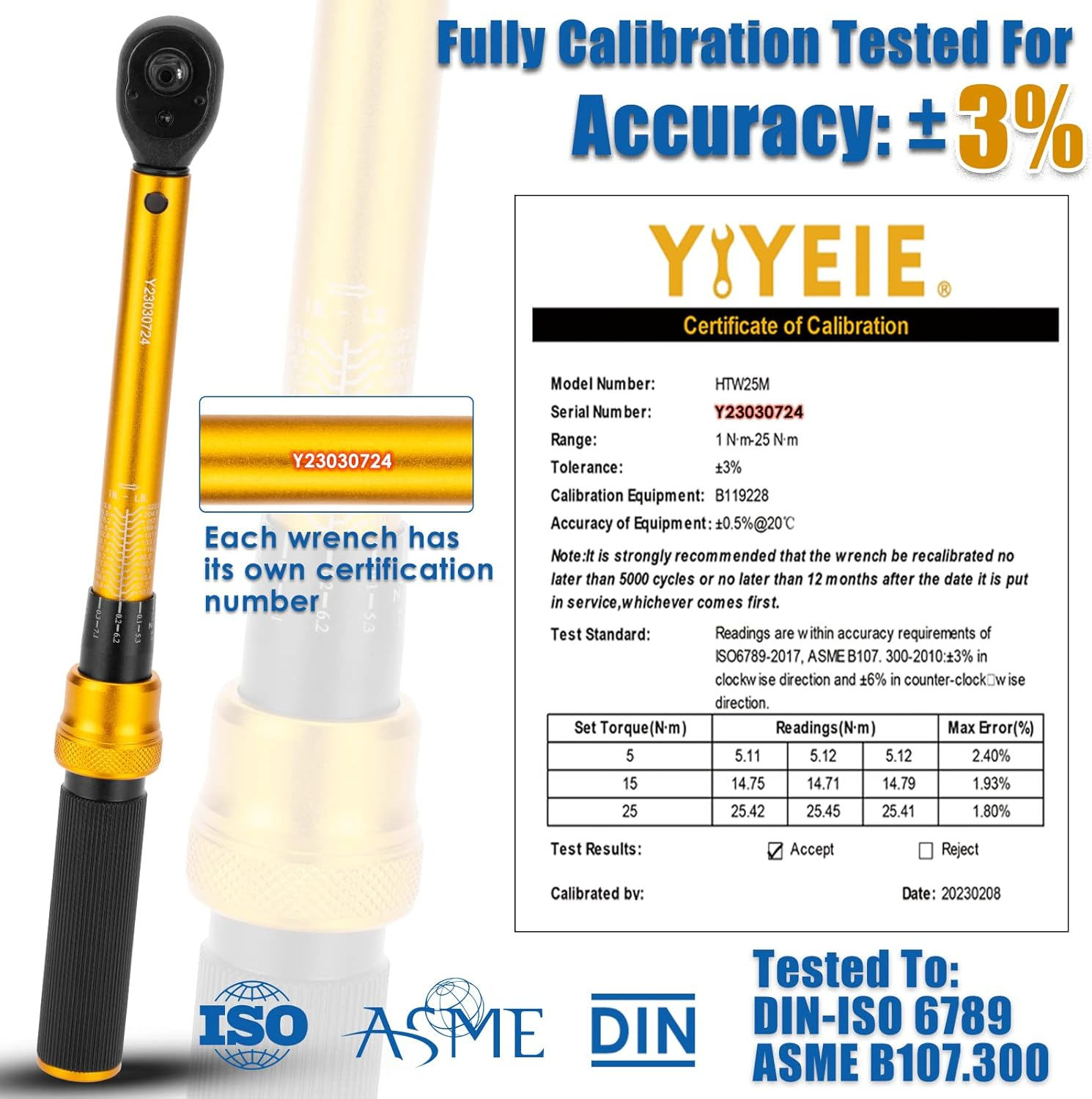 YIYEIE 1/4 Inch Drive Bike Torque Wrench, 1-25 Nm (10-222.5 In.Lb), 27 PCS Click Bicycle Torque Wrench with Bit Sockets, 0.1 Nm Micro, 72-Tooth Ratchet, 3/8 Adapter, for MTB, E-Bike, Motorcycle image number 5