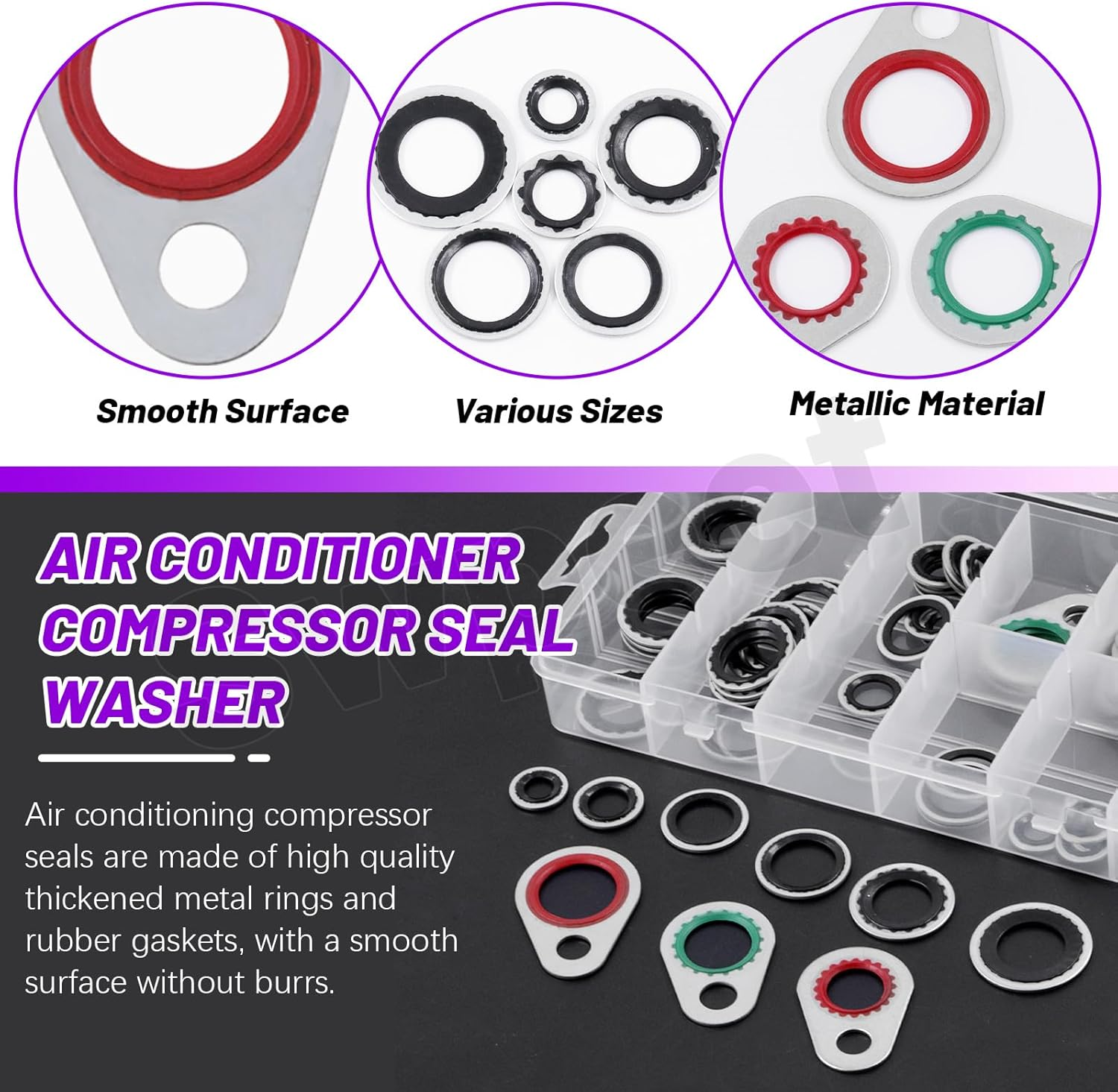 Swpeet 60Pcs 9 Size A/C System Compressor Gasket Seals Assortment Kit, Air Conditioning Compressor Port Seal Washer, Bonded Gasket Seal, A/C Compressor Seal Gasket image number 2