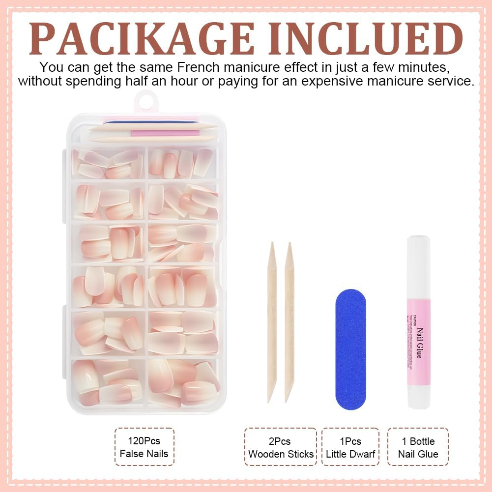 BUTBU Pack of 120 False Nails Tips Set, French False Nails for Gluing, 12 Sizes, French Press on Nail Set, Fake Nails with Glue for Women and Women (Colour Gradient Short Coffin Nail Tips)