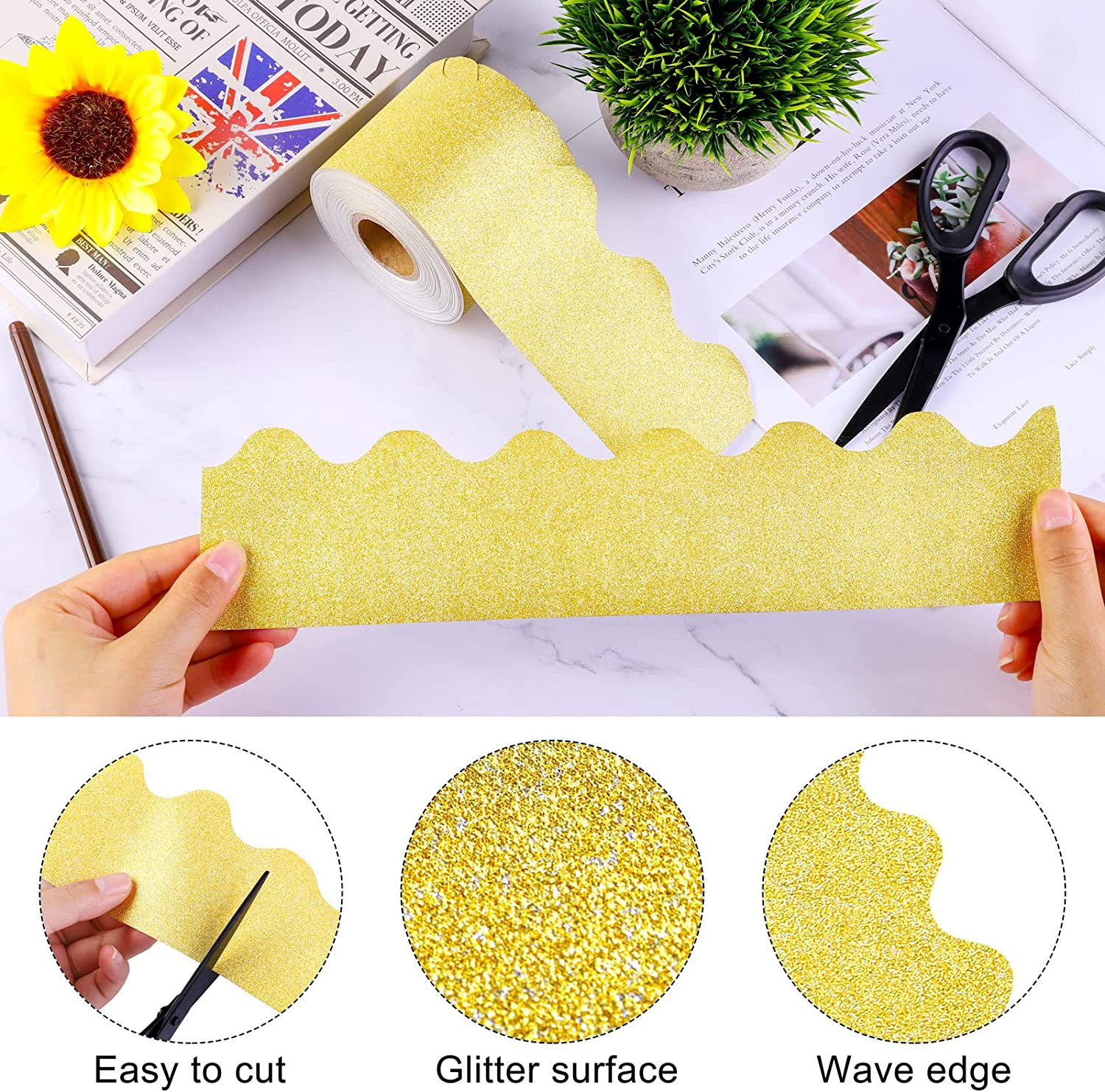 Durony 65.6 Feet Bulletin Board Borders Glitter Borders Trim Scalloped Board Borders Decoration Borders for School Classroom Decoration (Gold)