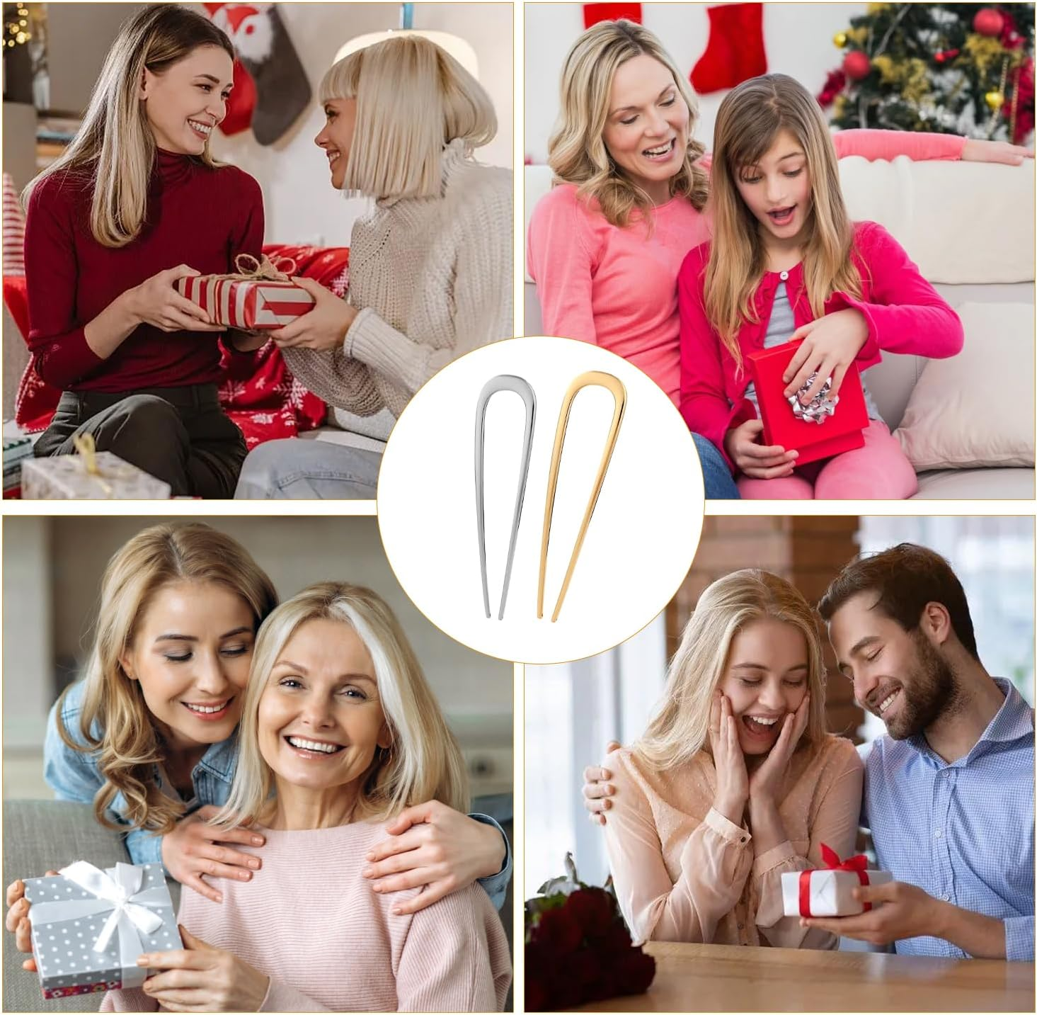 NECXON 2 Pcs Elegant Metal Hair Pins, U Shape Metal French Bun Hair Pins, Perfect for Any Occasion(Silver & Gold) image number 4