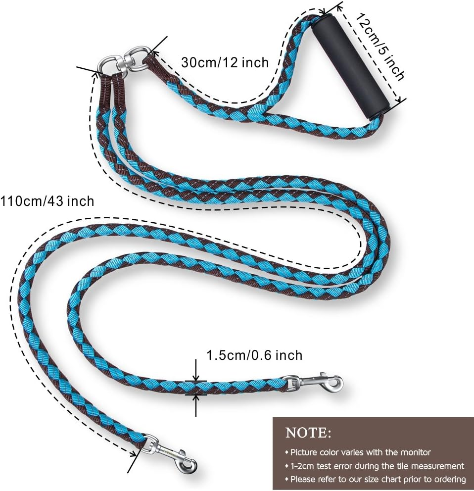 PETBABA Double Leash for Two Dogs, 4.6Ft Heavy Duty Tangle Free Splitter Coupler, Reflective Strong Dual Lead Split, Soft Padded Handle, for Walking 2 Medium Large Dogs That Pull - Blue image number 3
