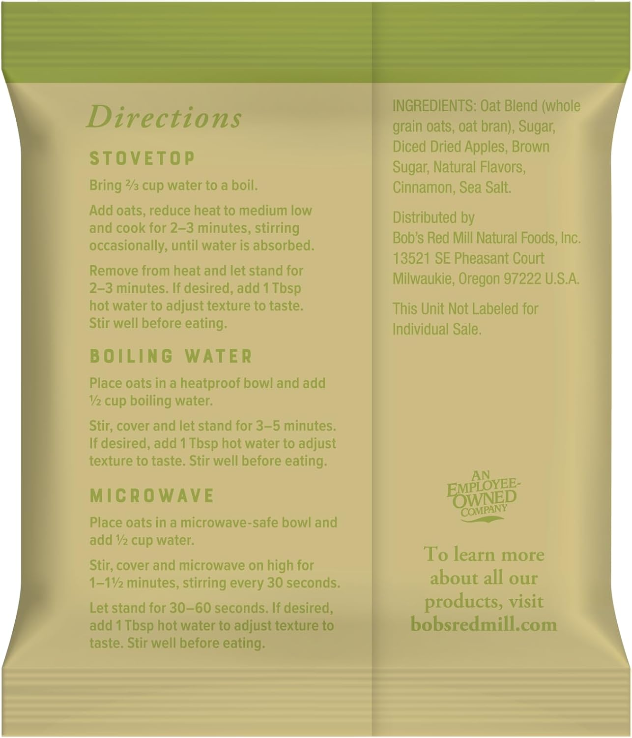 Bob'S Red Mill Instant Oatmeal Packets, Apple & Cinnamon, 6 Packets Total, Non-Gmo, Gluten Free, Whole Grain