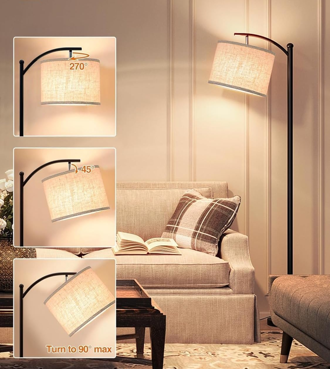 WAMBORY Arc Floor Lamp, LED Modern Floor Lamp for Living Room with 9W 3 Color Temperatures LED Bulb,Metal Standing Lamps with Adjustable Linen Shade,Tall Floor Lamps for Living Room,Office image number 2