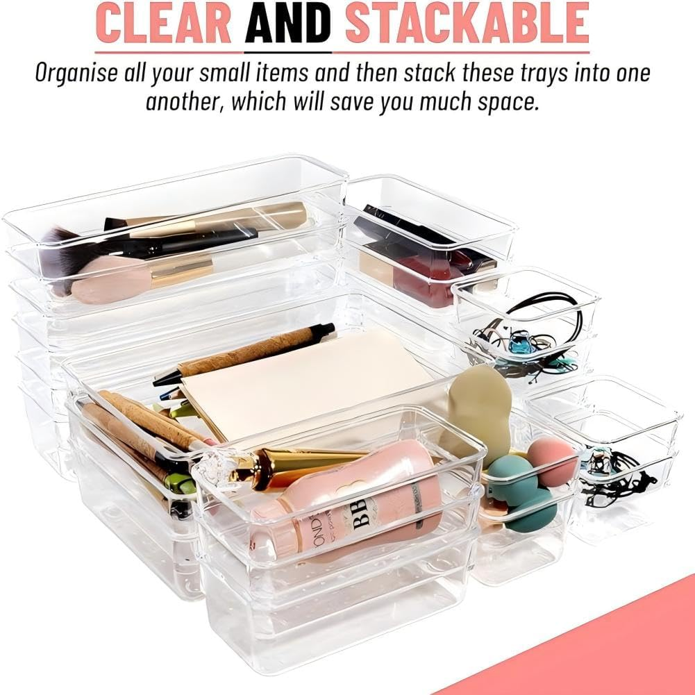 Clear Drawer Organizers 10Pcs,Plastic Versatile Bathroom and Vanity Drawer Organizer Trays,Tool Drawer Organizers Storage Bins for Makeup,Bedroom,Kitchen Gadgets Utensils and Office (10) image number 4
