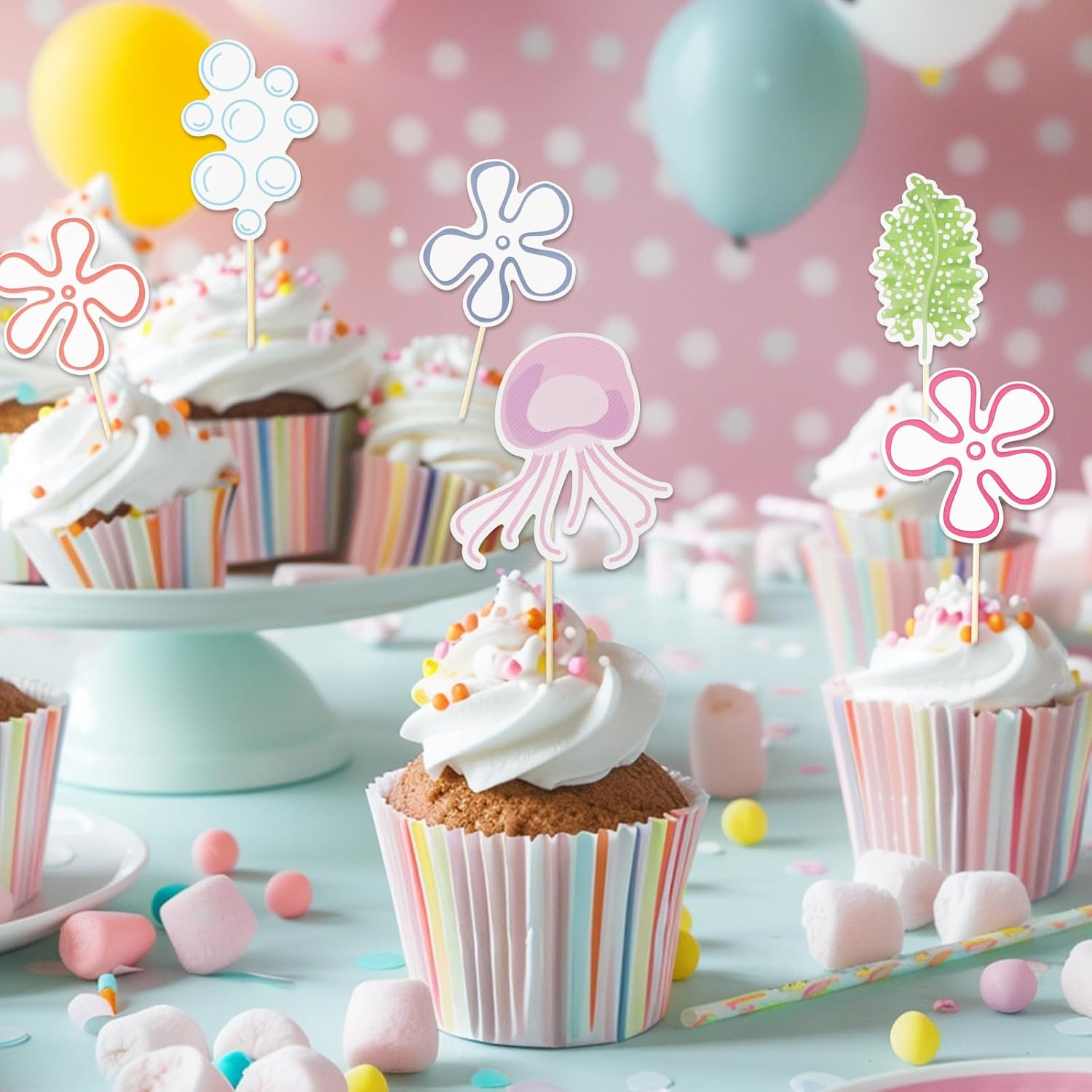24Pcs Jellyfish Bubbles Flowers Cupcake Toppers, under the Sea Theme Cake Decorations Starfish Bubble Jellyfish Seaweed Perfect Cupcake Toppers for Birthday Party Wedding