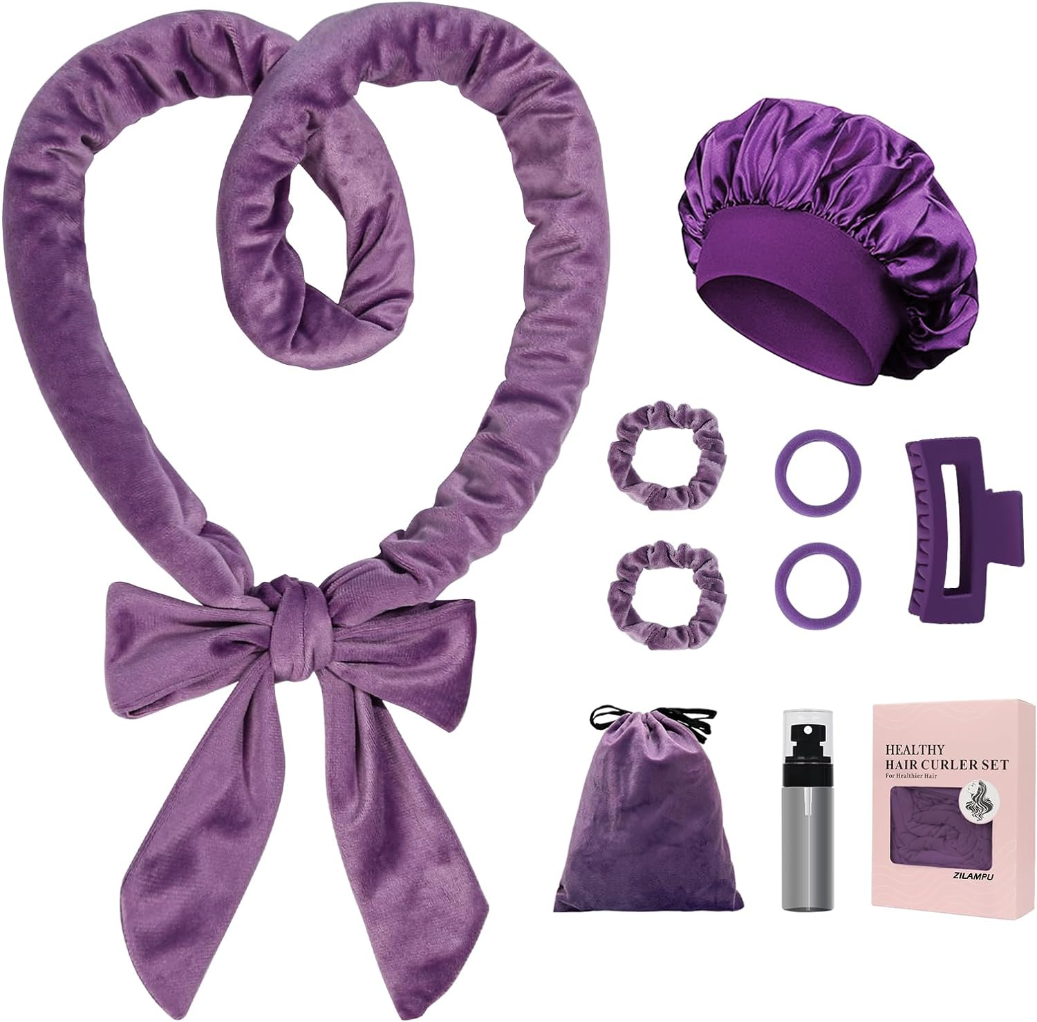 ZILAMPU Heatless Hair Curler, Heatless Hair Curlers to Sleep in Overnight Curls Headband, 70" Long Soft No Heat Curling Headband for Women Girl Long Wave Hair Rollers, 9 PCS Heatless Curl Set -Purple image number 5