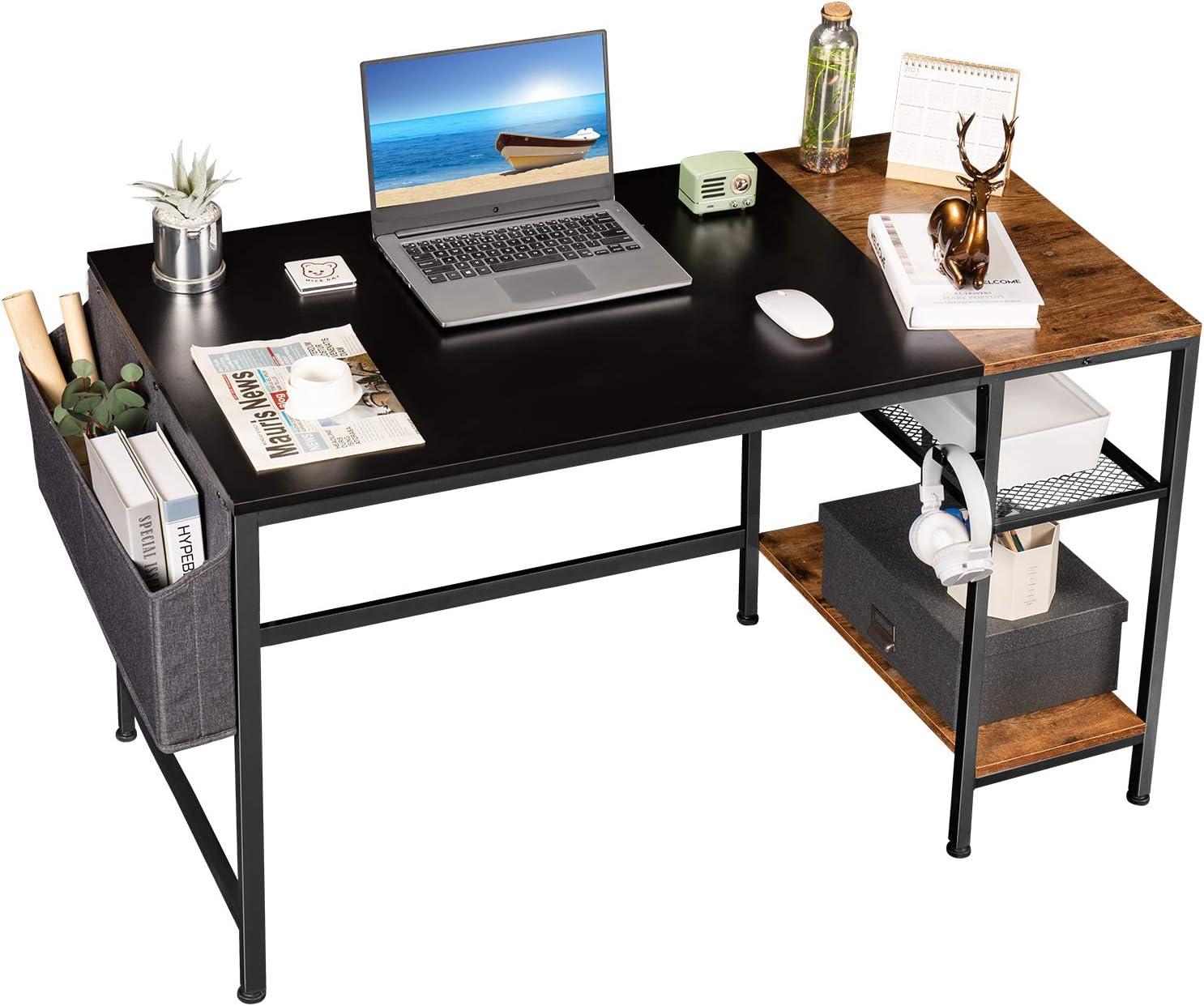 Furmax Home Office Desk 47 Inch Small Study Writing Desk Computer Simple Splice Board Table 2-Tier Laptop Table with Storage Bag and Removable Storage Shelves (Brown)