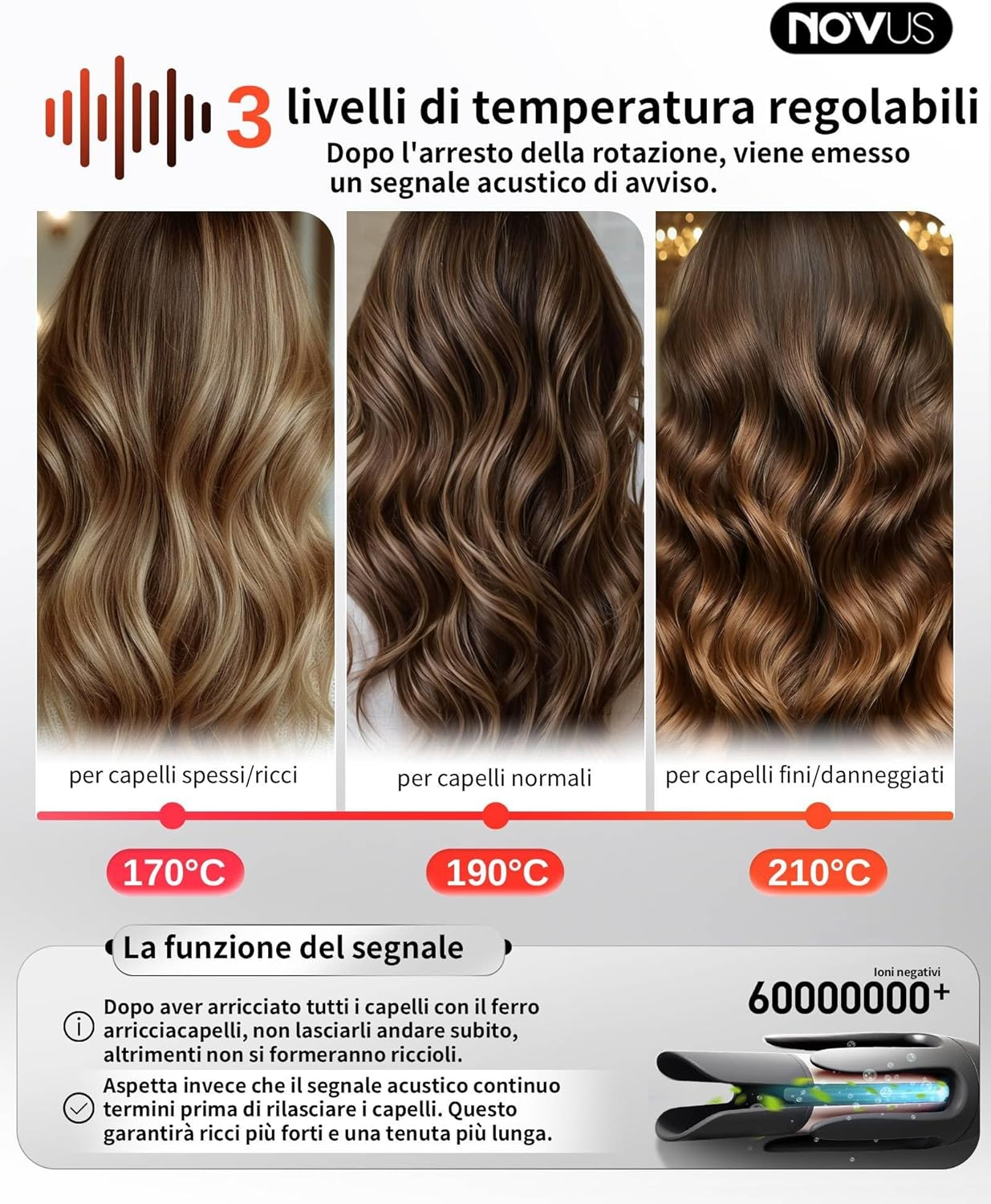 NOVUS Automatic Curling Iron, Rotating Anti-Scald Ceramic Curling Iron with Adjustable Steering, 3 Temperature Levels for All Hair Types image number 3