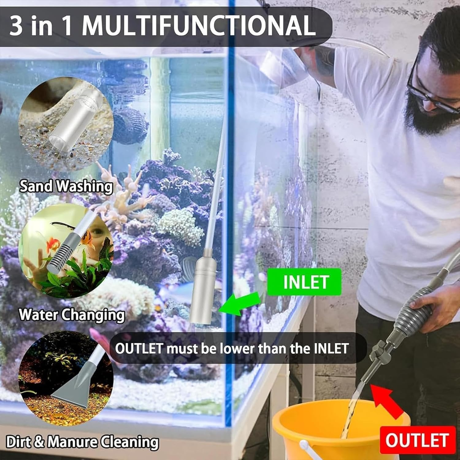 Aquarium Gravel Cleaner, Fish Tank Gravel Cleaner, 3.0M Water Changer Vacuum Cleaning Tools Siphon Universal Quick Pump Aquarium Water Changing Sand Cleaner for Aquarium Water Filter image number 4