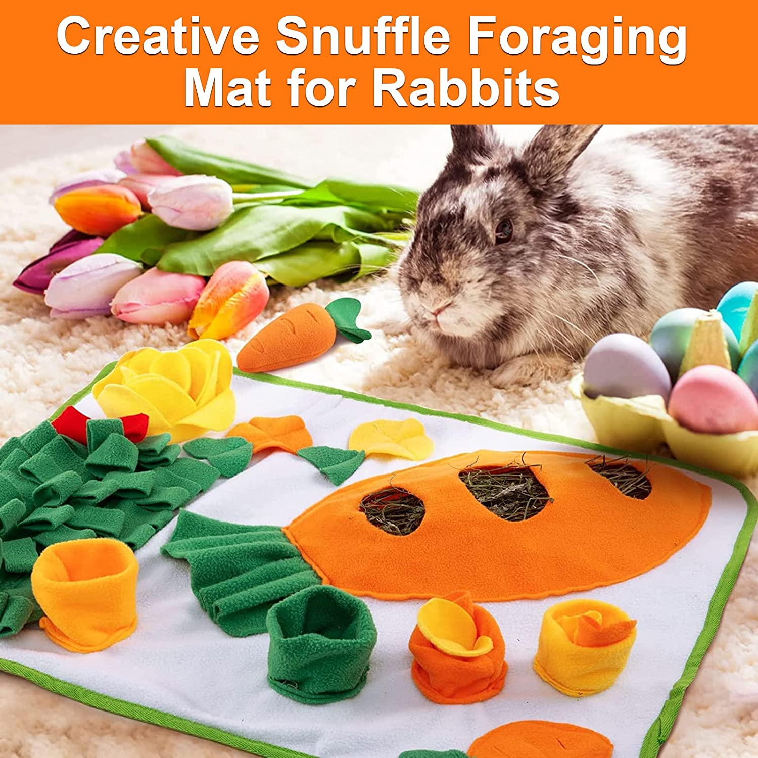Adpartner 24" X 20" Rabbit Foraging Mat with Carrot Toy, Interactive Snuffle Feeding Pad for Boredom, Polar Fleece Pet Feed Game for Rabbits Bunny Guinea Pigs Chinchillas Ferrets