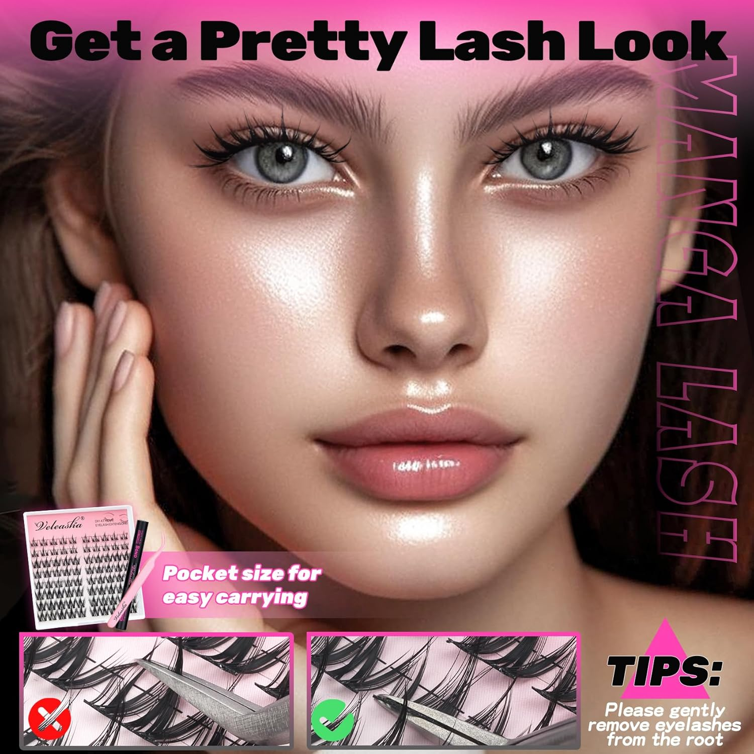 Veleasha Manga Lash Custers Set with Waterproof Lash Bond and Seal C Curl, 80 Pieces, 10-14 Mix Anime Cluster Eyelashes, Strong Hold, Non-Irritating Eyelashes, Glue for Eyelash Extensions (Begonia Kit image number 5