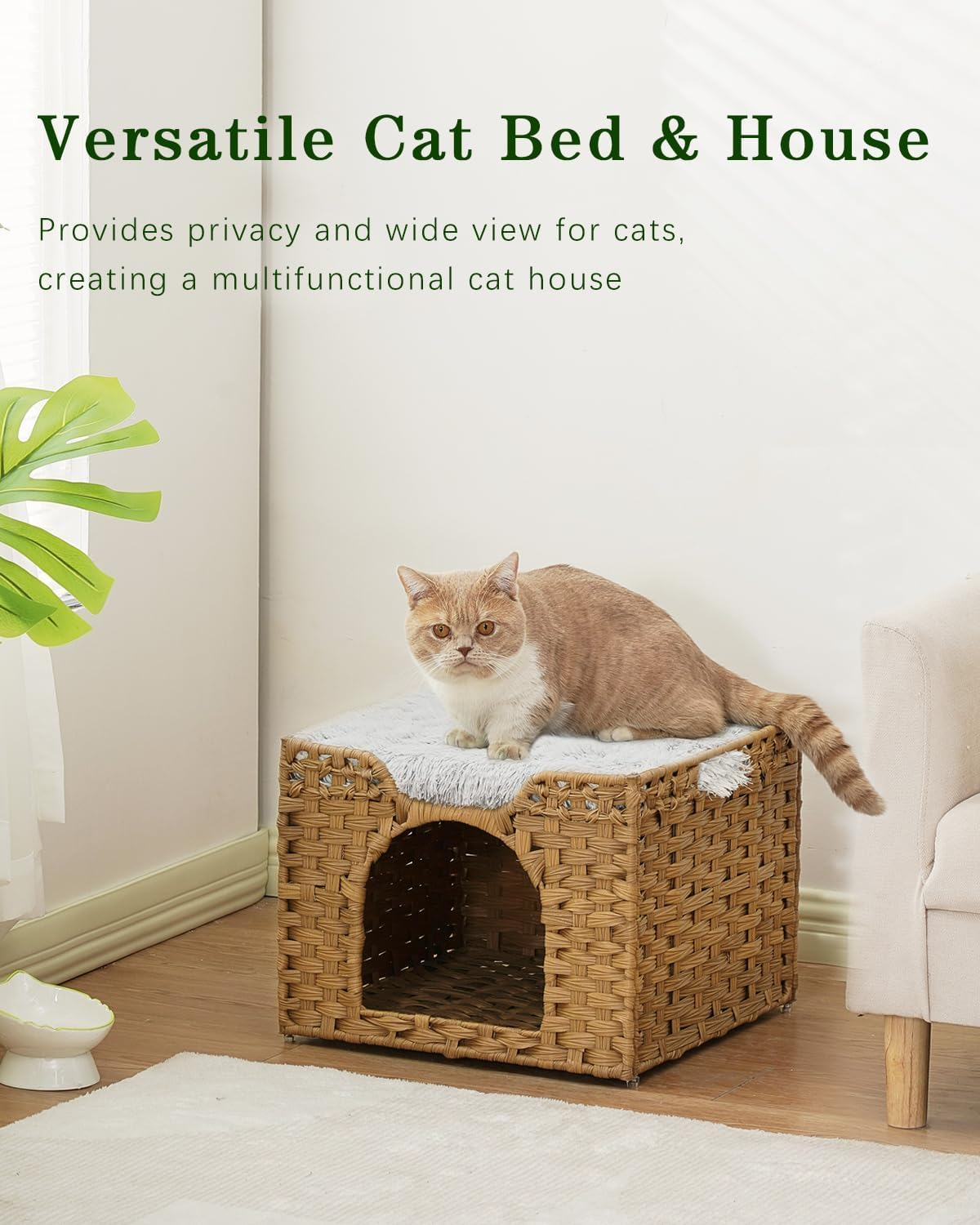 Homodoskey Cat Beds for Indoor Cats, Large Foldable Handwoven Rattan Cat Cave for Pet Cat House, Cute Kitten Condo Hideaway Hut with Soft Mat for Pets image number 6