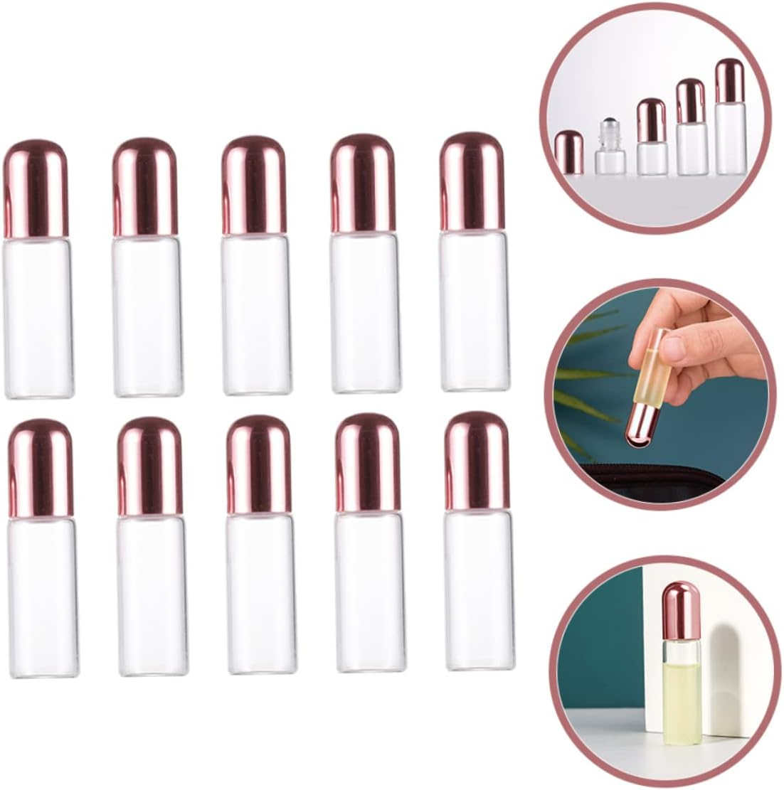 FOMIYES 5Ml Rose Gold Cap Glass Roller Bottles Set of 10 Refillable Essential Oil Roll on Bottles Stainless Steel Balls for Travel Aromatherapy - Golden image number 2