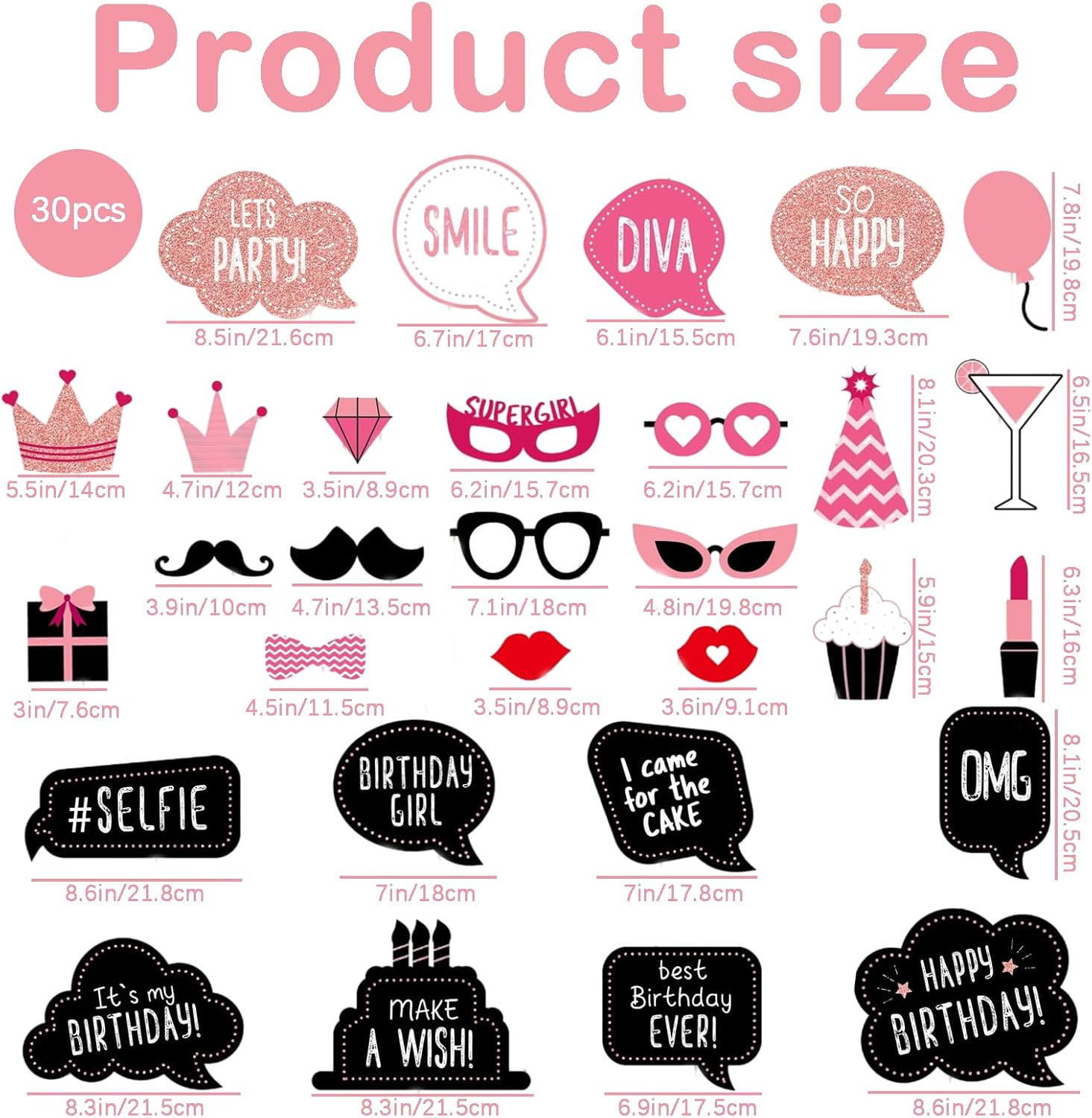 Jeyzuroa 30 Pieces Birthday Photo Booth Props Kit - Happy Birthday Party Favors Supplies & Decorations for Women and Girls' Birthday Party, Set with Real Glitter Cute, Easy to Assemble (Rose Gold)